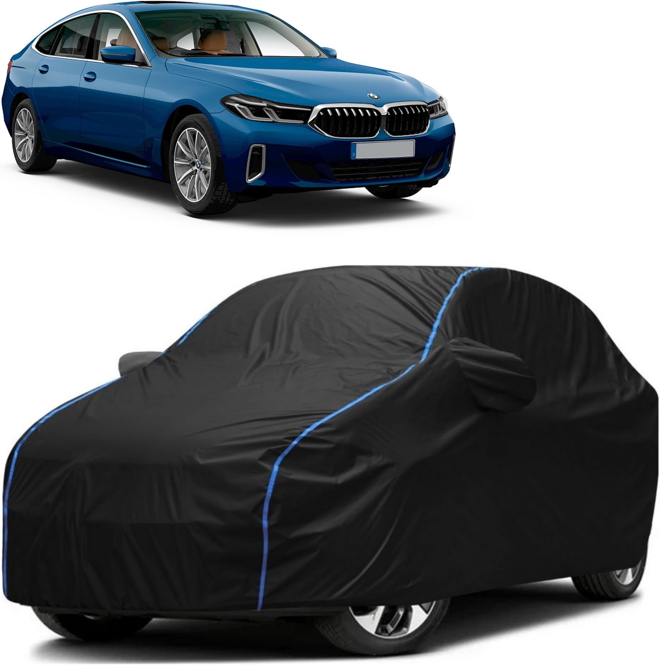 FAVY All Weather Resistant Car Body Cover Compatible with BMW 6 GT Scratch Proof, Anti-Dust, UV Protection with Windproof Buckle Strap and Mirror Pockets, Bottom Elastic Fitted-Black