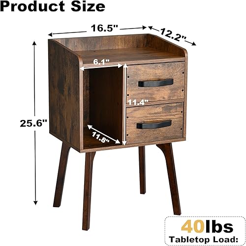 Miniatura 3 de Youmechi Nightstand, Mid-Century Modern Night Table with Solid Wood Legs and 2 Wooden Storage Drawers, Industrial Bedside Table, Rustic Brown Night