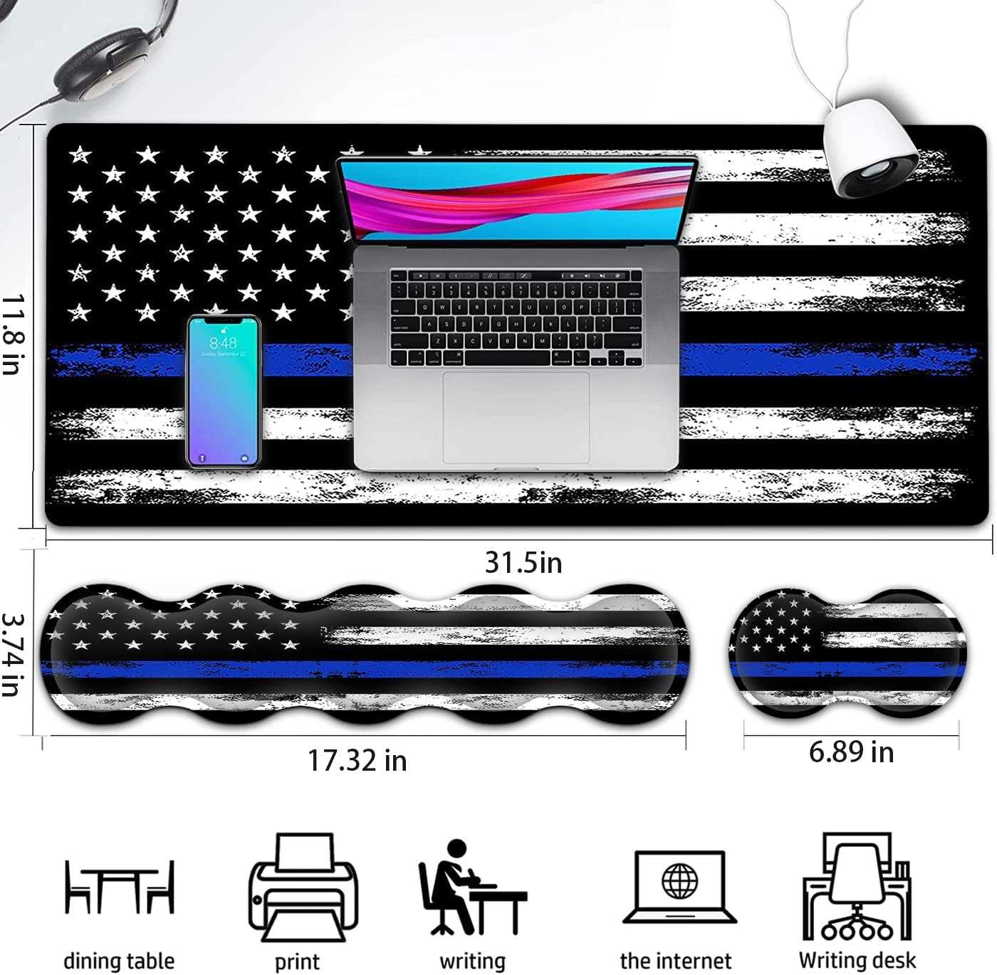 Large Gaming Mouse Pad with Stitched Edges, Extended XXL Mousepad, Office Desk Pad Writing Pad, 31.5 x 11.8 in,Ergonomic Memory Foam Keyboard Wrist Rest Support,Retro Blue Line American Flag Desk Mat