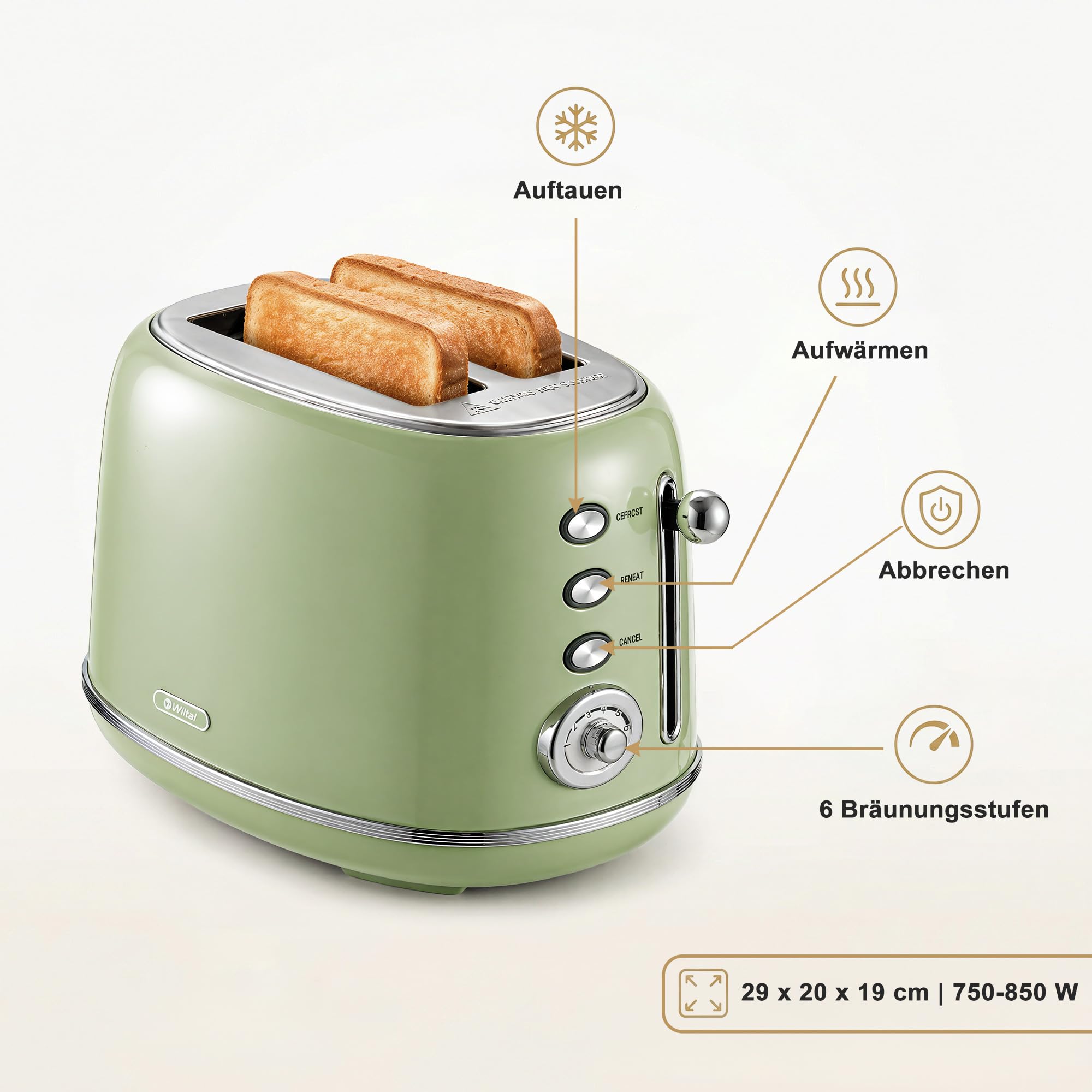 Wiltal Retro Toaster 2 Scheiben Edelstahl, Grün, TS-R008 | Brötchenaufsatz, 6 Röststufen, Vorheiz- und Auftaufunktion, Abschaltautomatik, Perfekt für Sandwiches & Toast