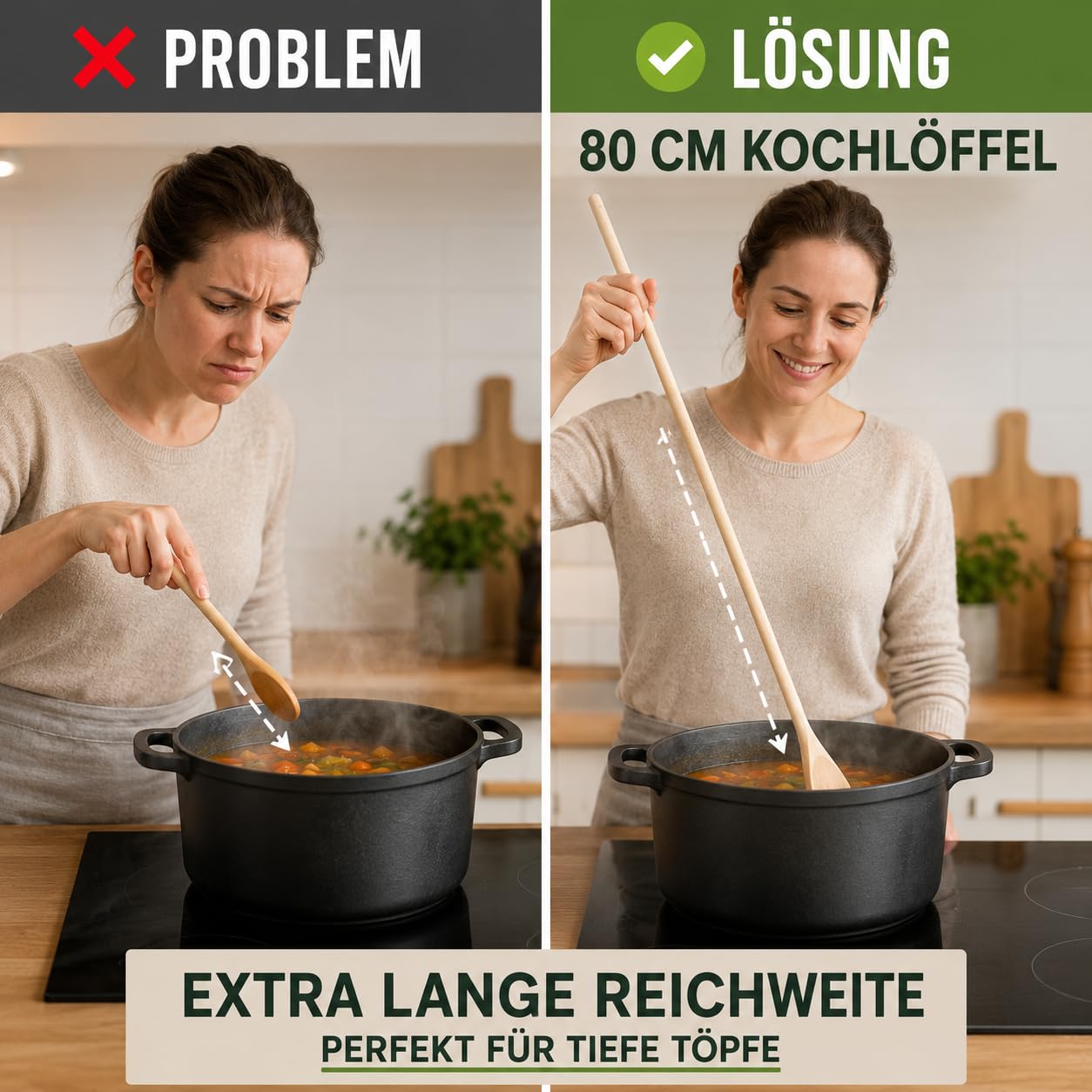 Artículos de cocina de madera de haya, cuchara de cocina extralarga de madera, fabricada en la UE estable y resistente al calor, ideal para cocinas grandes y hogares (1, 80 cm ovalada)