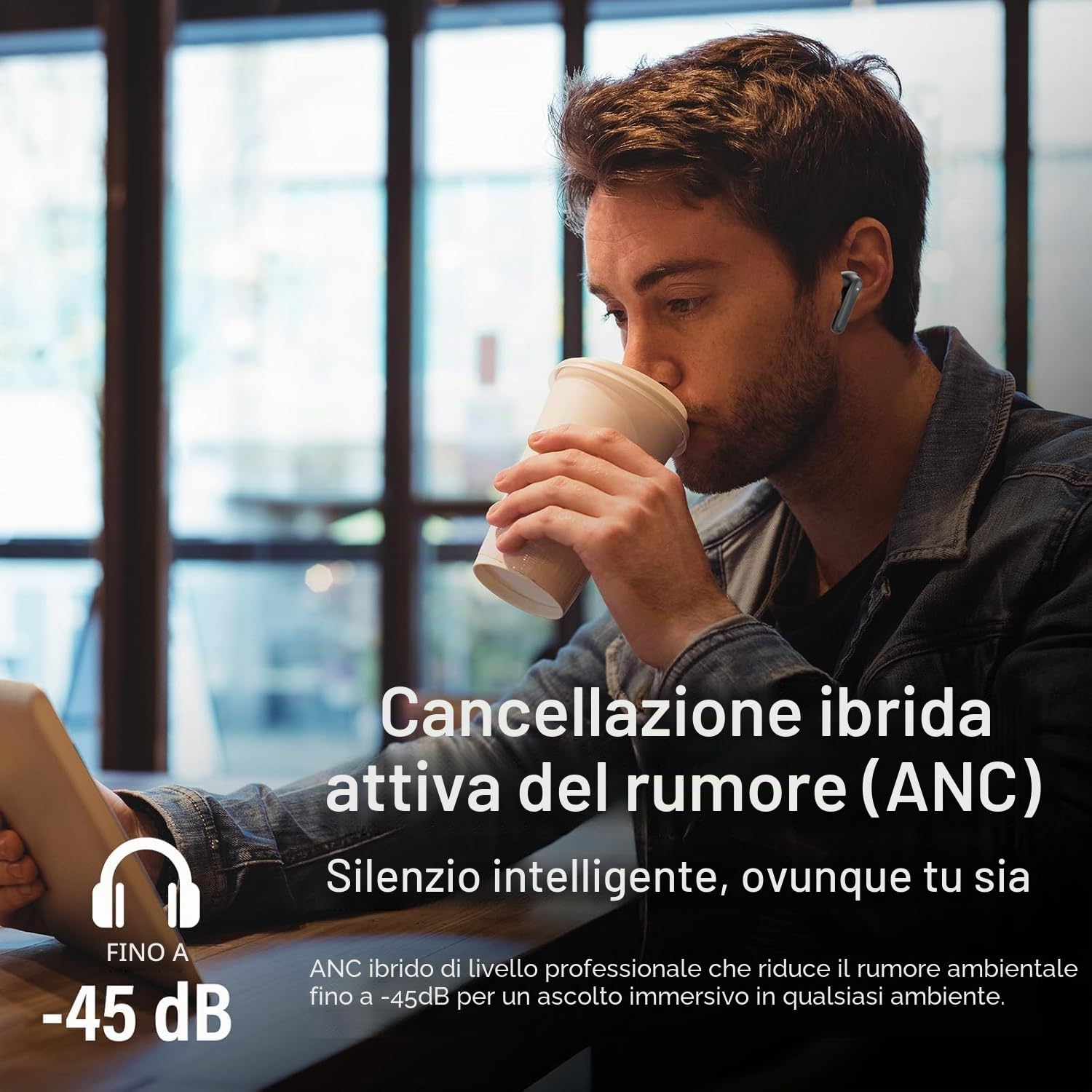Cuffie Wireless con Cancellazione Rumore Attiva, ANC 6-Mic, 49Ore Musica, Hi-Res Bassi potenti Bluetooth 5.4 Auricolari con APP, 8 Modalità EQ, Ricarica Wireless, Cuffie Sport IPX7, Connessione Doppia