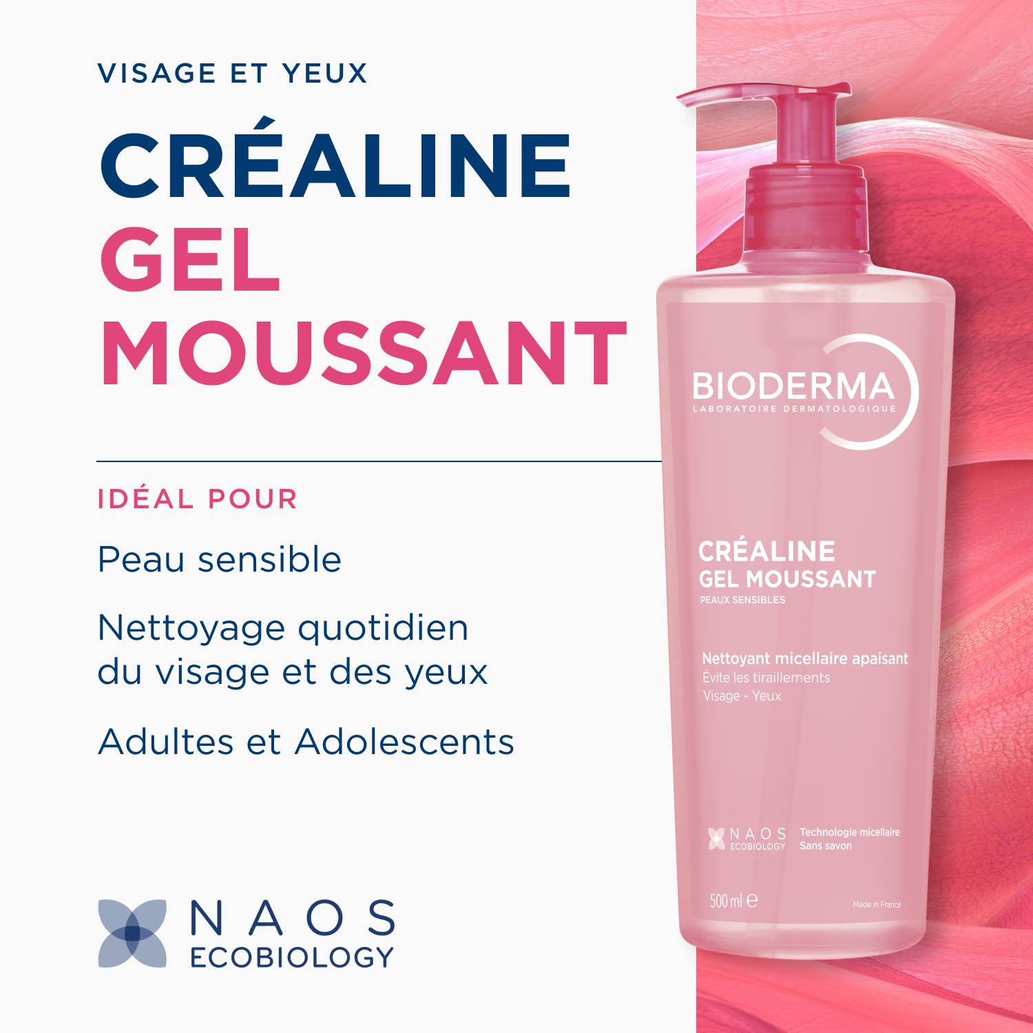 BIODERMA Sensibio Gel Moussant - Nettoyant apaisant micellaire - Démaquille le visage et les yeux - Peaux sensibles - Renforce l’hydratation naturelle - Flacon pompe 500 ml