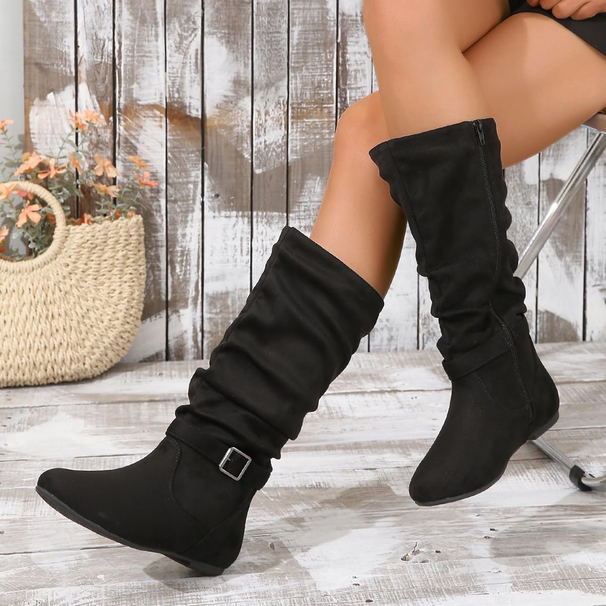 Botines de Ante para Mujer Caña Media Estilo Retro Arrugado Punta Redonda Tacón Bajo Plano Cremallera Lateral Completa Calzado Casual para Todas las Estaciones para Trabajar Citas y Viajar
