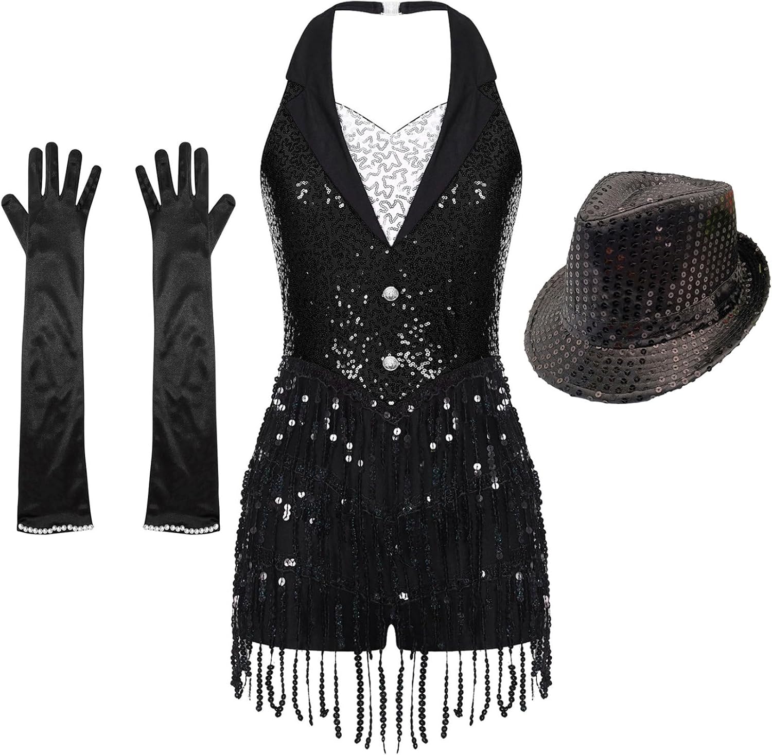 Women Jazz Latin Dance Costume Shiny Sequins Fringe Dance Performance Leotard with Gloves Hat