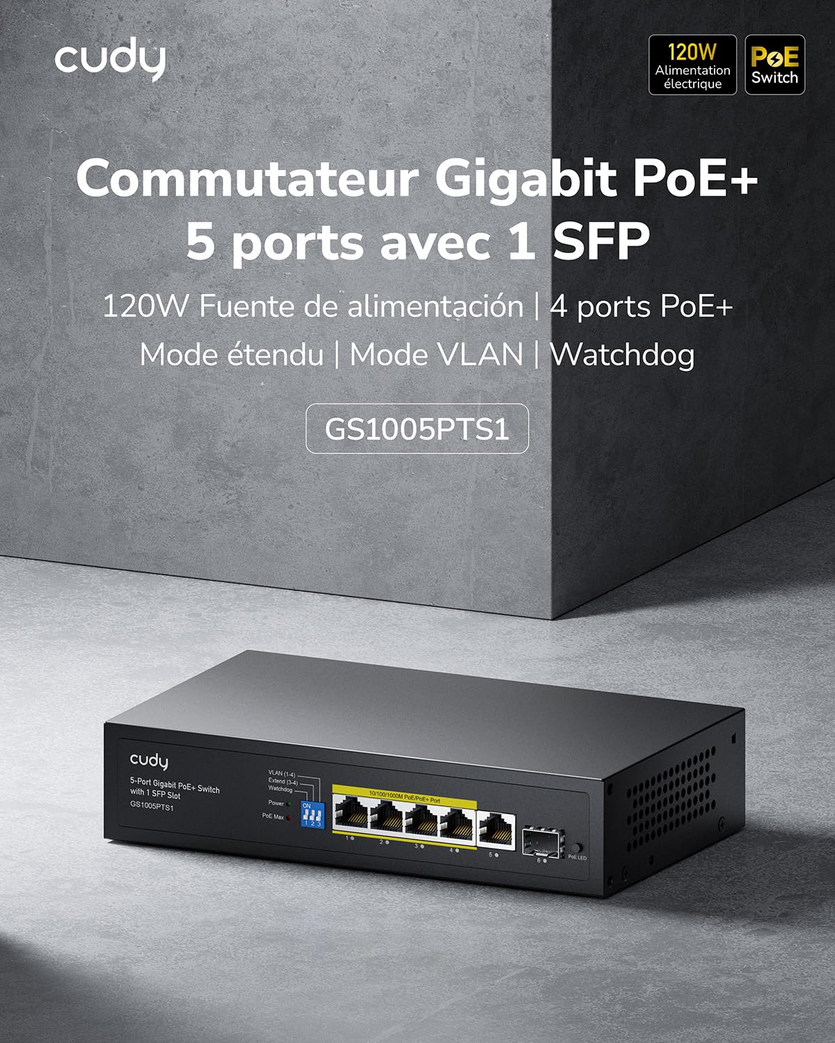 Cudy Commutateur Gigabit PoE+ 5 Ports 120 W, PoE Switch, Port 1 60 W, 4 Ports PoE, 802.3 at/AF, VLAN, Extension à 250 mètres, Non Pris en Charge 802.3bt, GS1005PTS1 | 4 ports GbE 802.3af/at avec Hi-PoE P1, 1 port GbE en amont, 1 port fibre optique, budget