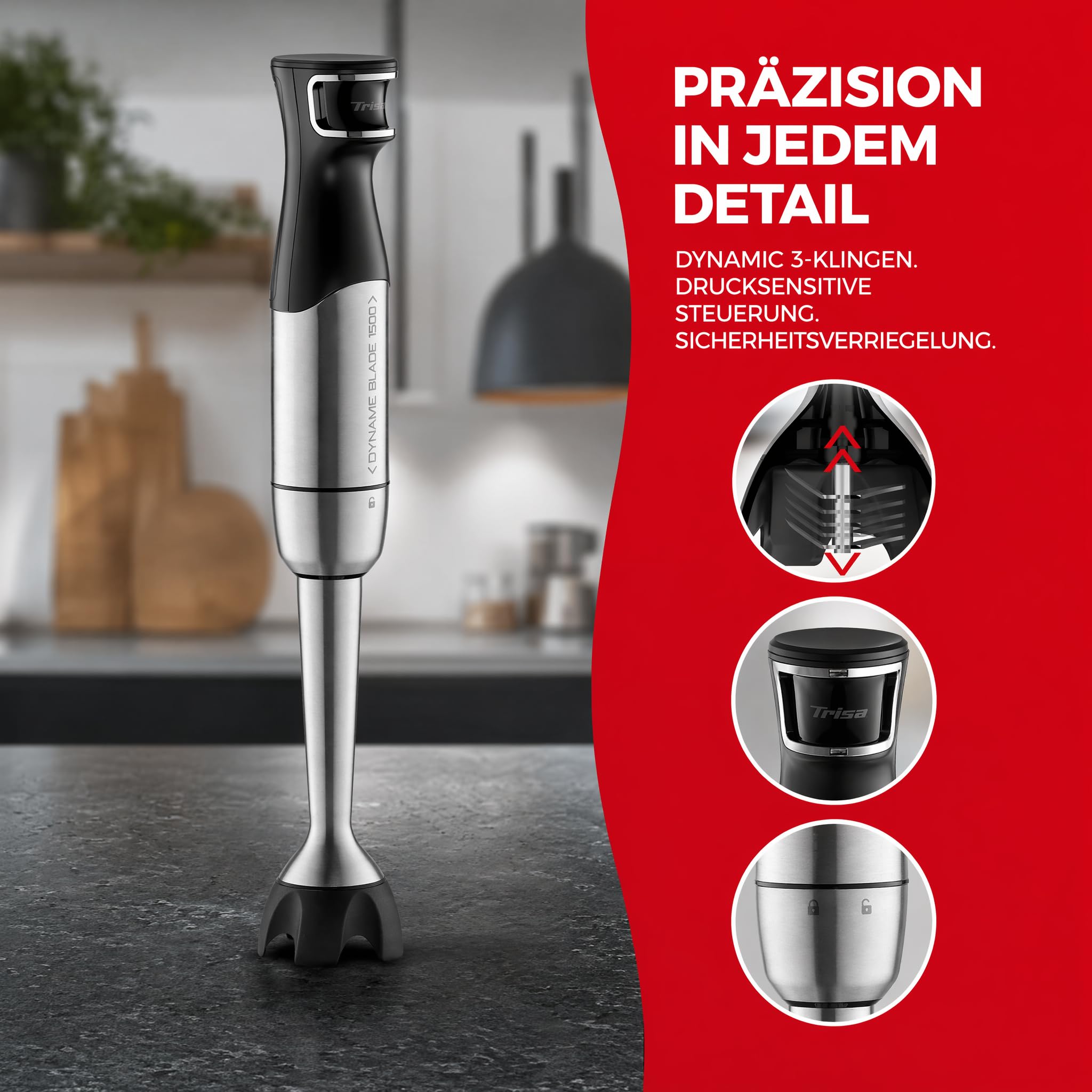 Trisa Batidora de inmersión, 4 en 1 batidora eléctrica, 1500 W, velocidades continuas, acero inoxidable, batidor, trituradora de 500 ml y vaso medidor de 700 ml para alimentos para bebés