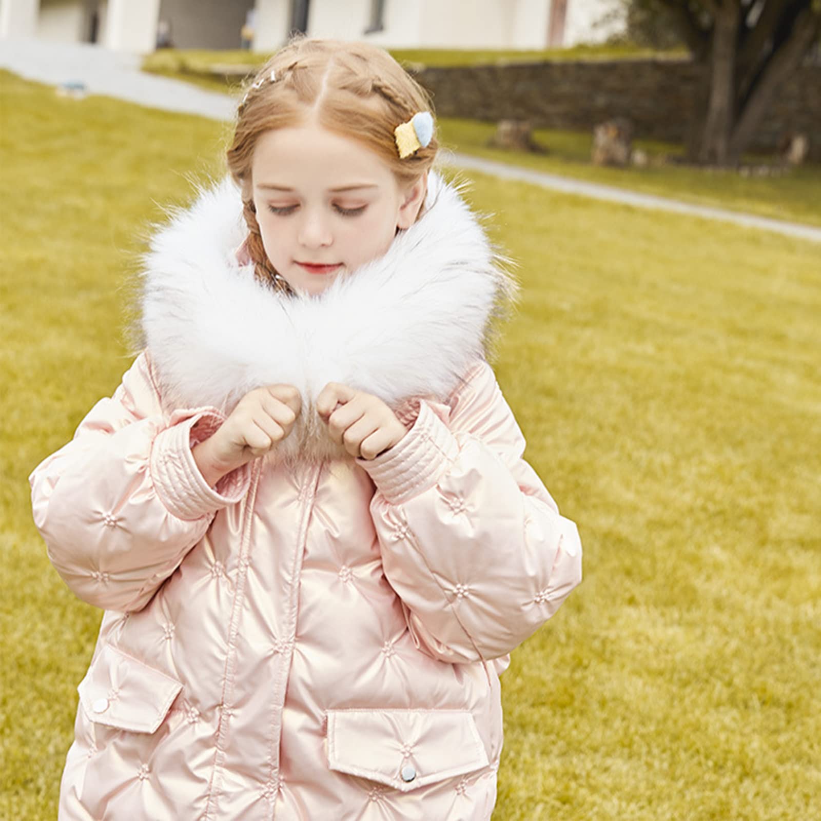 Piumino da Bambina Invernale Bianco Piumino D'Anatra per Bambini Caldo Giubbotto con Cappuccio Stampa Tridimensionale Dolce Ed Elegante,Pink,15(140CM)