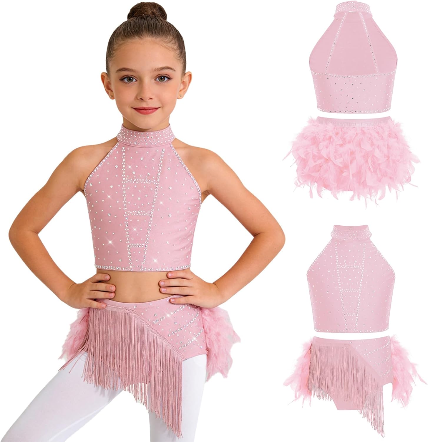 Oyolan Kids Girls Tango Latin Rumba Samba Dance Dress Tassel Crop Top and Feather Briefs Skirt Set Performance Costume