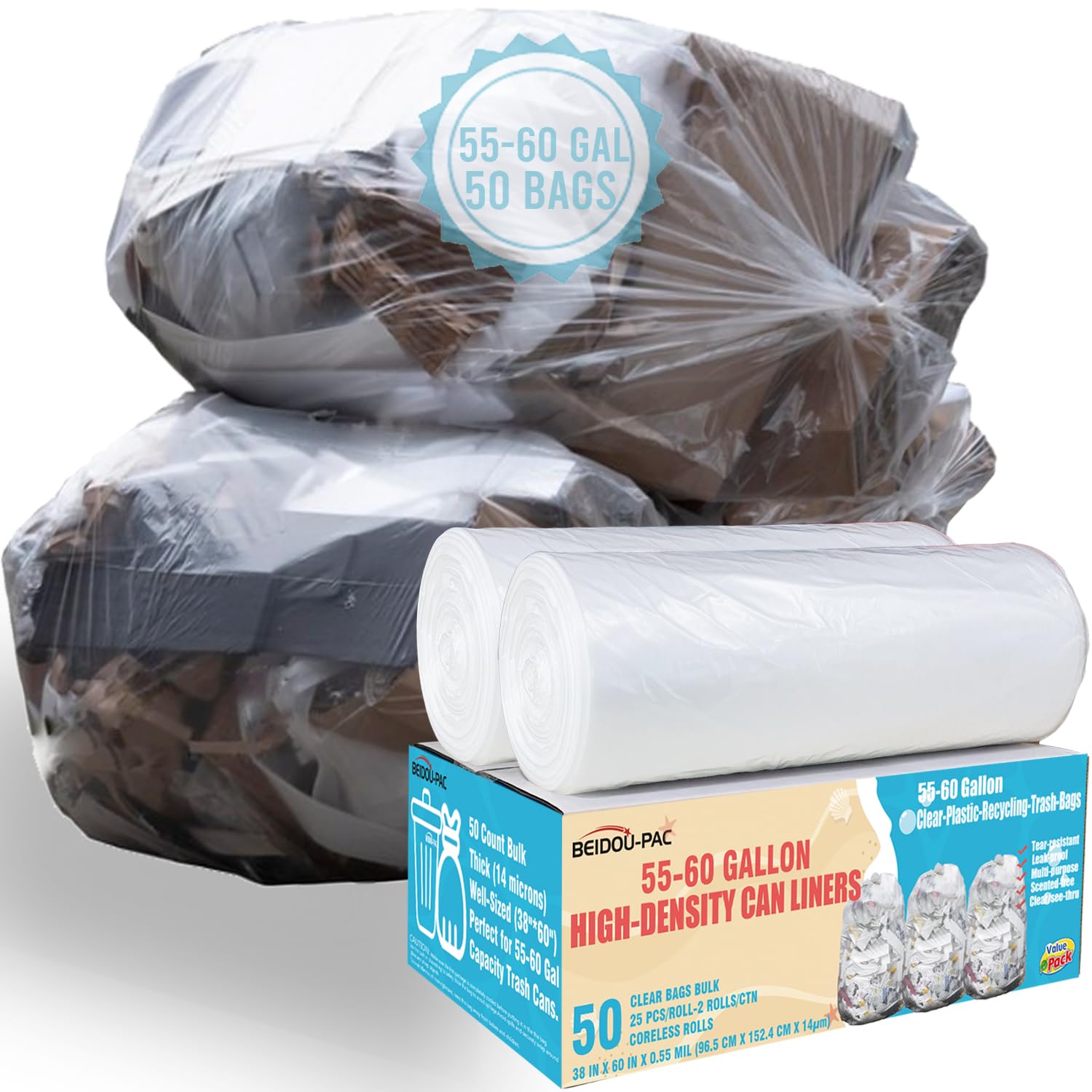 BEIDOU-PAC 55-60 Gallon Trash Bags, 50 Count Bulk, Heavy Duty Clear Plastic Recycling Bags, Multi-purpose Garbage Bags for home Commercial, Outdoor, Construction, Industrial, Lawn, Leaf