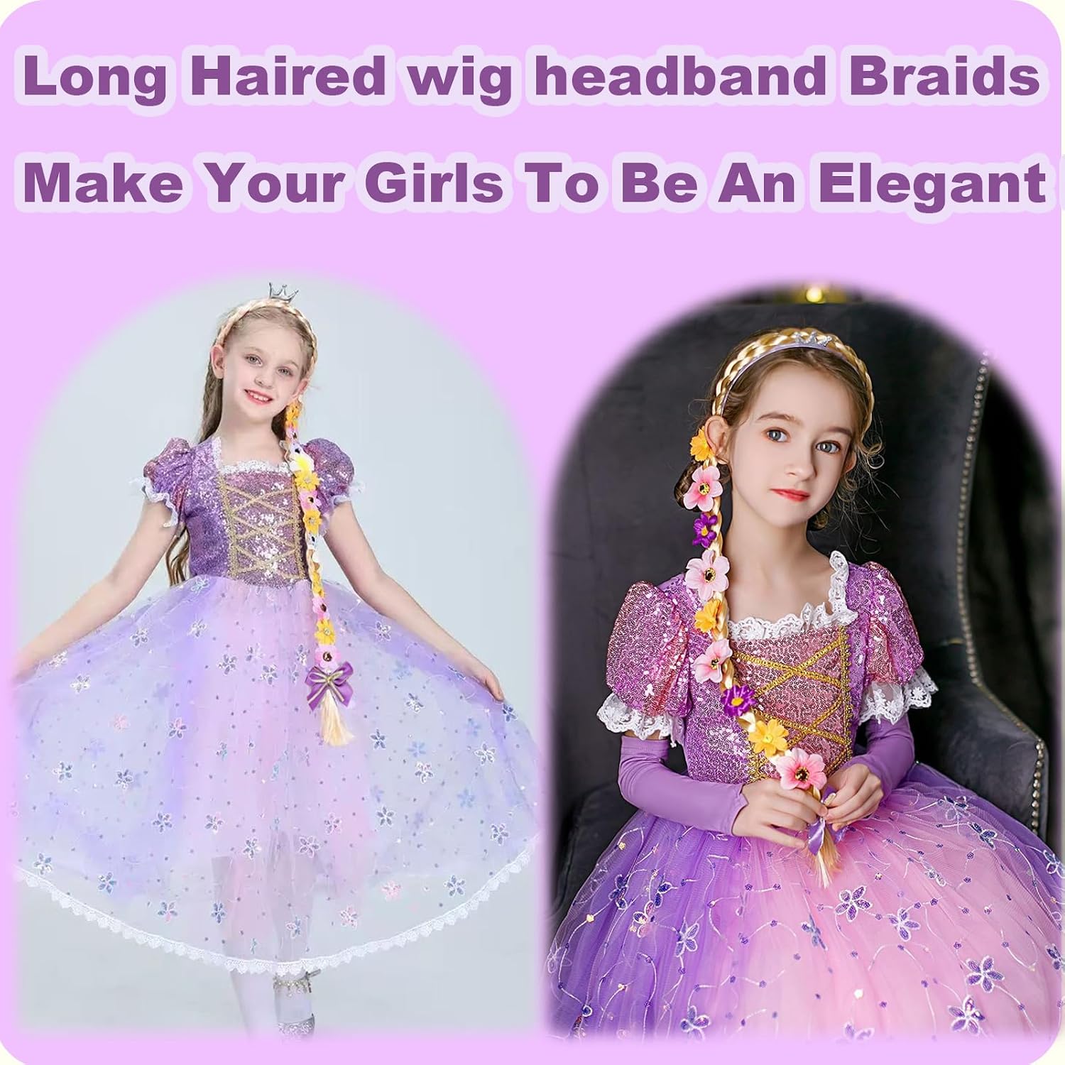 Princess Dress up Wigs, Princess Rapunzel Long Braided Wig Headbands with Tiara Flowers Adorn for Girls Costume Accessories, 29 Inch