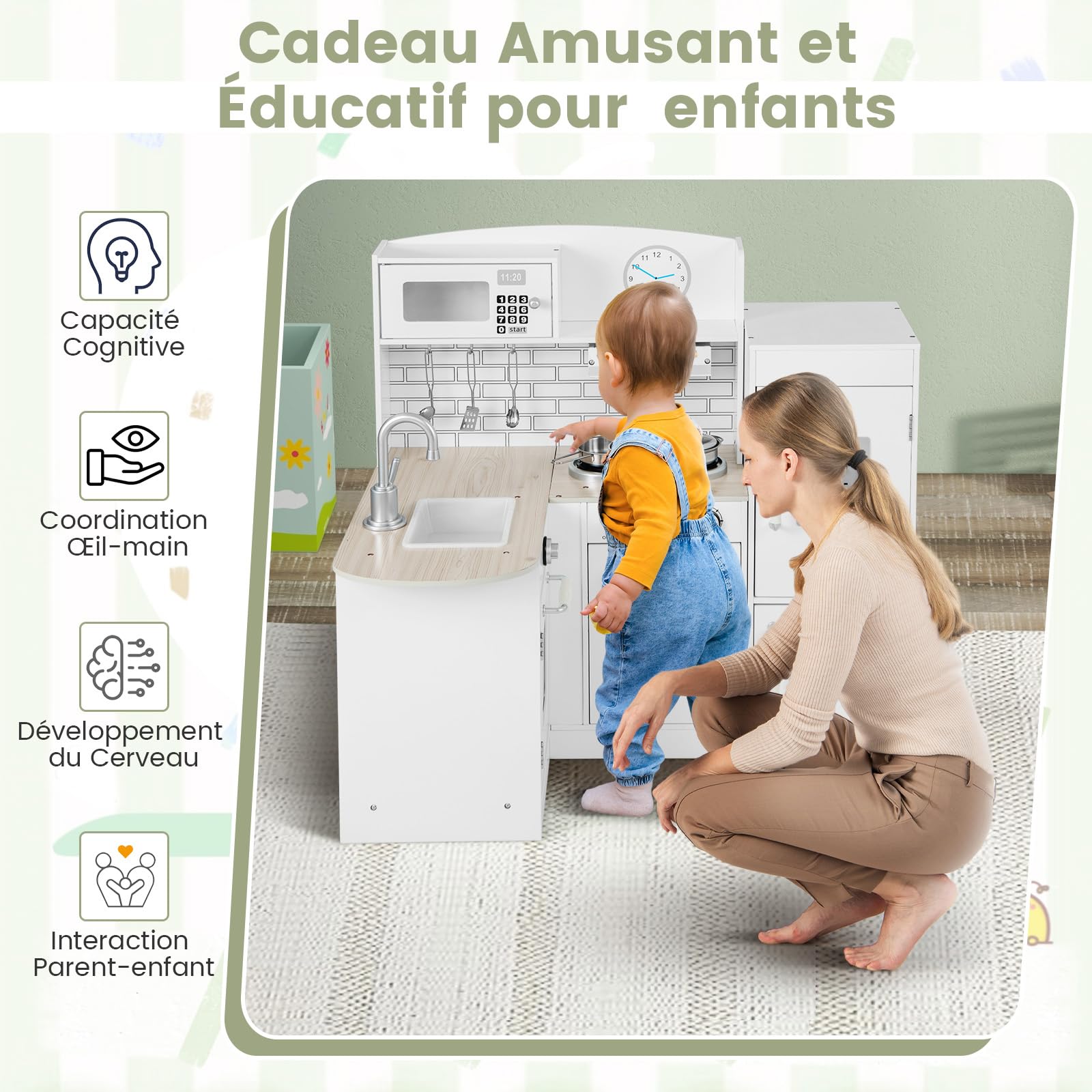 GOPLUS Cuisine Enfant en Bois, Cuisine Bébé avec Réfrigérateur Séparé, Distributeur d'eau, Évier Amovible, Four à Micro-Ondes, Hotte, Espace de Rangement, Jouet de Cuisine d'angle pour Enfant 3+ Ans