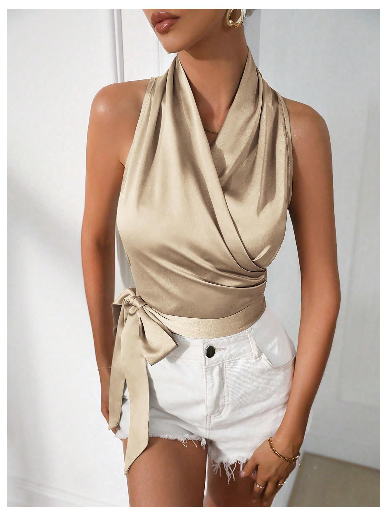 MakeMeChic Women's Satin Blouse Wrap V Neck Sleeveless Tie Side Summer Elegant Crop Tops