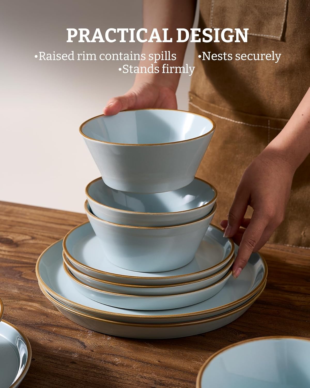 Famiware Saturn Dinnerware Sets, Plates and Bowls Sets for 4, 12 Pieces Stoneware Dish Set - Chip and Scratch Resistant, Microwave and Dishwasher Safe Tableware Set, Light Blue with Rim - Image 6