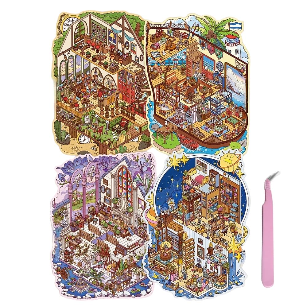 4 Sets DIY 3D House Stickers with Tweezers,Large 3D DIY Sticker Scenes for Adult Kids Relief Stress Pass The Time,Make Your Own Cute Cartoon Warm Shop Draw Studio Wineshop Church