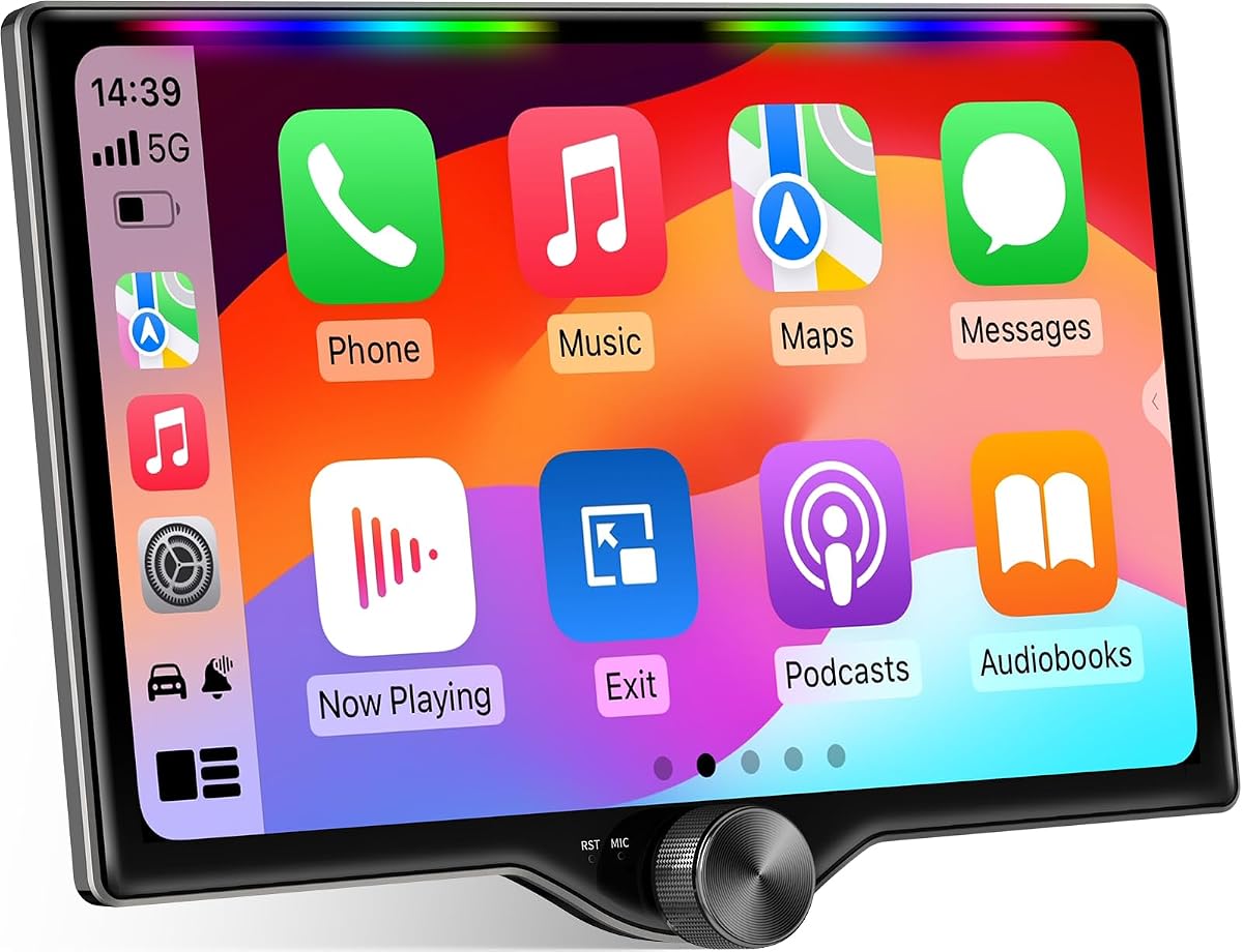Estéreo para automóvil QLED de doble DIN de 10.1" con Carplay inalámbrico y Android Auto, barra luminosa de sincronización de música, SWC, Bluetooth, cámara de respaldo, 240 W, salida de subwoofer dual, radio para automóvil, navegación, FM/AM