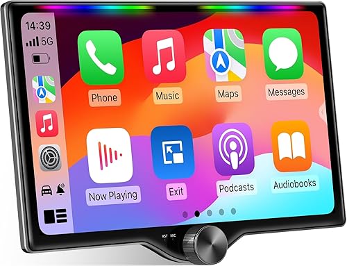 Kissound 10.1" QLED Double Din Car Stereo with Wireless Carplay & Android Auto, Music Sync Luminous Bar, SWC, Bluetooth, Backup Camera, 240W, Dual Subwoofer Output, Car Radio, Navigation, FM/AM