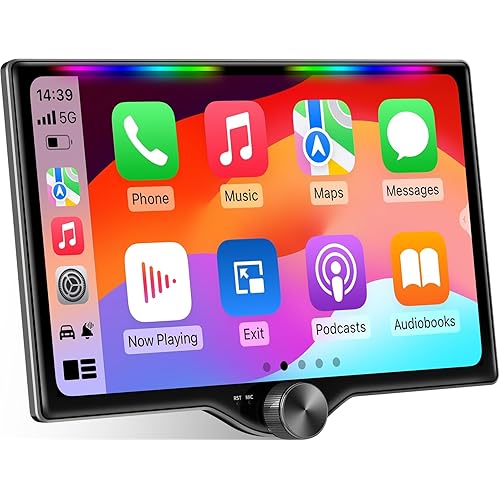 10.1" QLED Double Din Car Stereo with Wireless Carplay & Android Auto, Music Sync Luminous Bar, SWC, Bluetooth, Backup Camera, 240W, Dual Subwoofer Output, Car Radio, Navigation, FM/AM