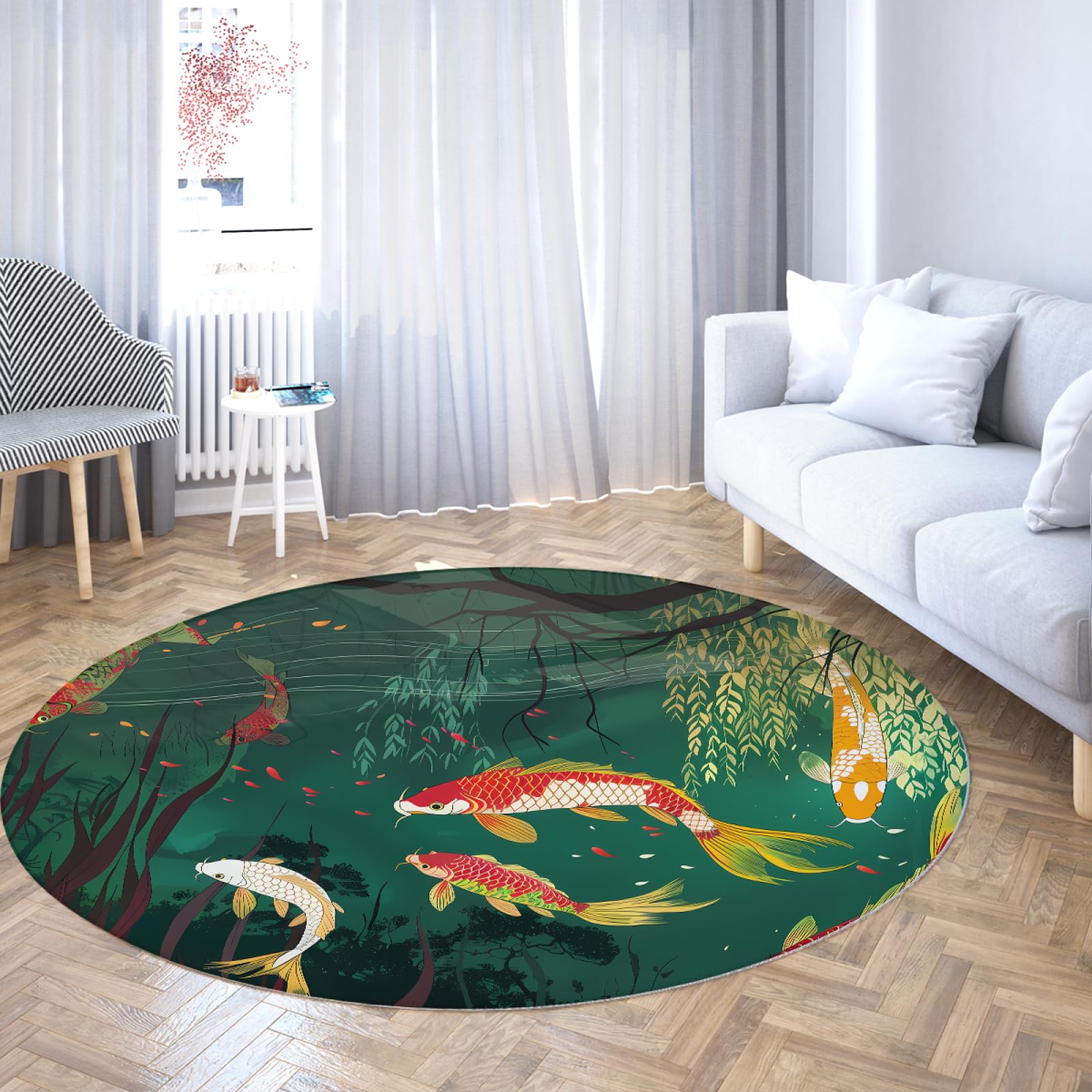 Tapis rond chinois 180cm lavable à motif de carpes koï pour salon