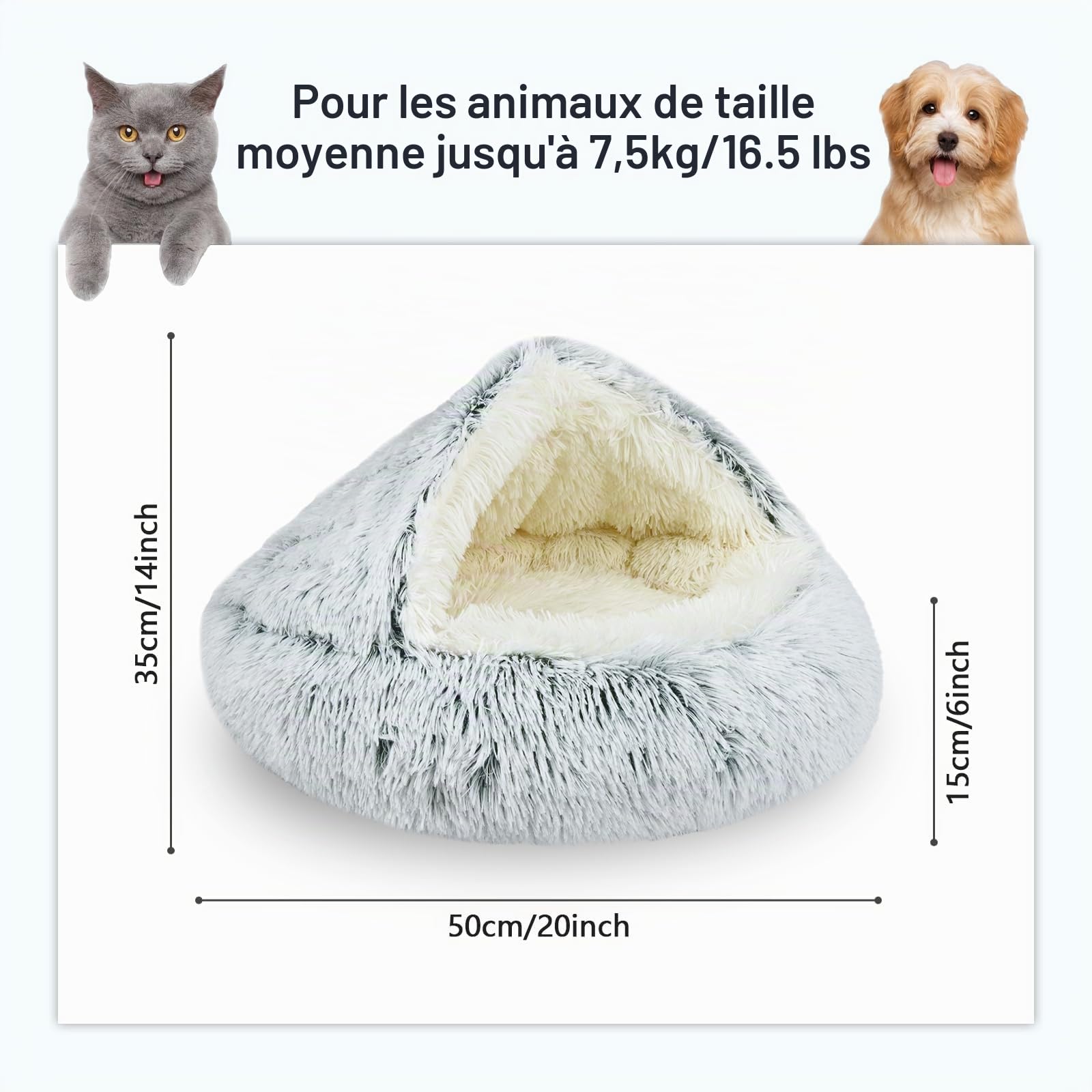 Lits pour Chats, Chat Lit Rond Grotte Peluche Moelleuse Panier Rond pour Chien Coussin Panier Donut Coussin Lavable Amovible Confortable Chaud Antidérapant Ø 50 cm（Gris）