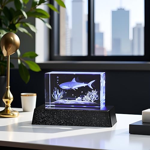 Miniatura 4 de Movdyka Figuras de tiburón de cristal 3D con base de luz colorida, estatua de tiburones, regalos para amantes de tiburones, mujeres, hombres, niños,