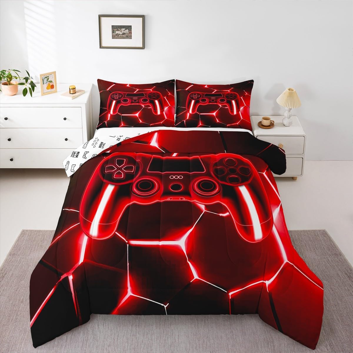 Gaming Bedding Set for Girls Boys Kids Toddler Size Neon Red Gamer Comforter Set Room Decor Game Console Controller Duvet Quilt 2Pcs Honeycomb Bedclothes Breathable Soft Lightweight Microfiber