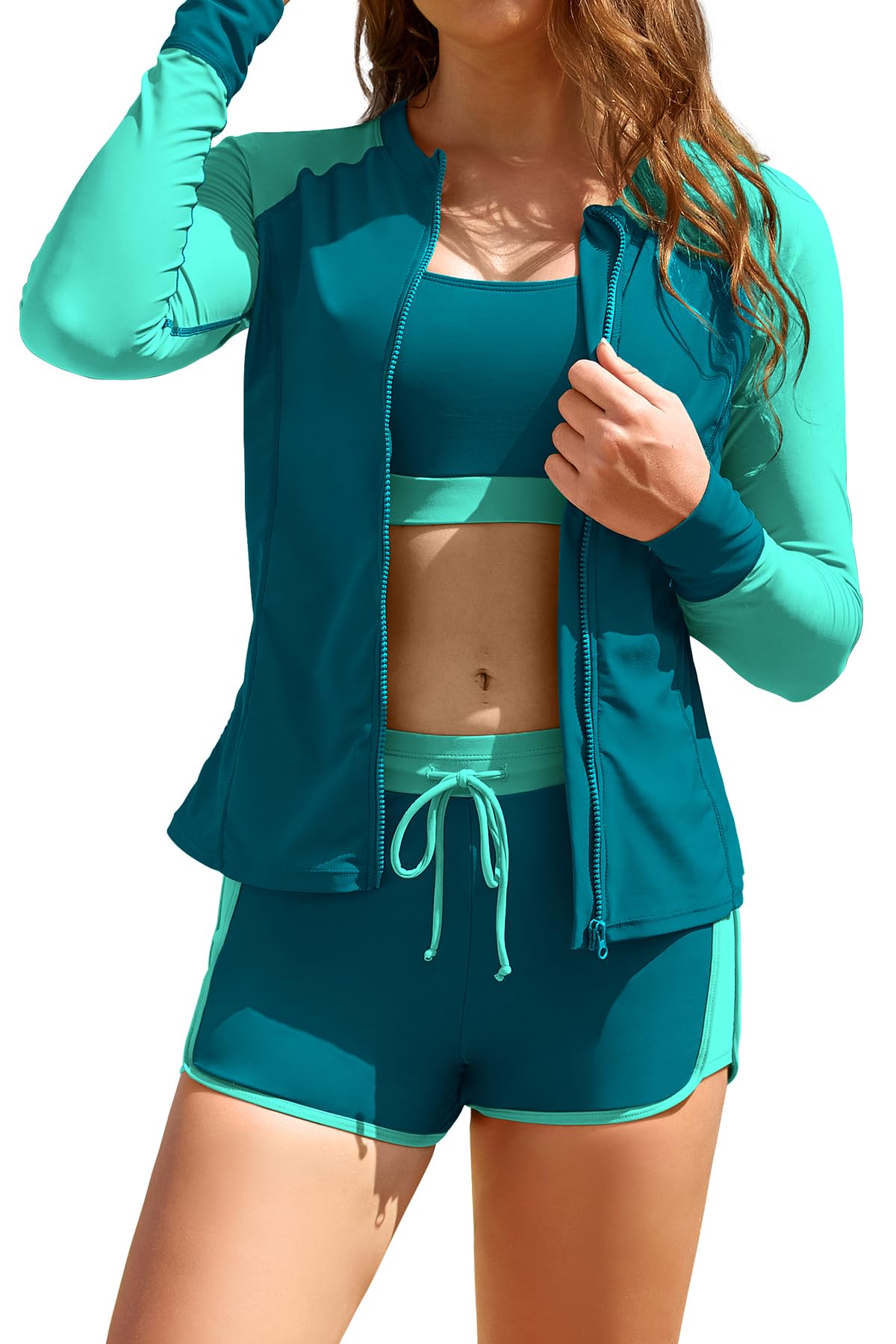 SHEKINI Damen 3-teilige Rash Guard Langarm Bademode Reißverschluss Badeanzug mit Bikini Top mit Seil Elastische Boyshorts