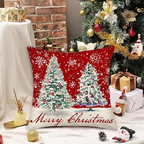 Miniatura 3 de Juego de 2 fundas de almohada navideñas de 20 x 20 pulgadas, diseño de muñeco de nieve y árbol de pino de Feliz Navidad, diseño de copo de nieve