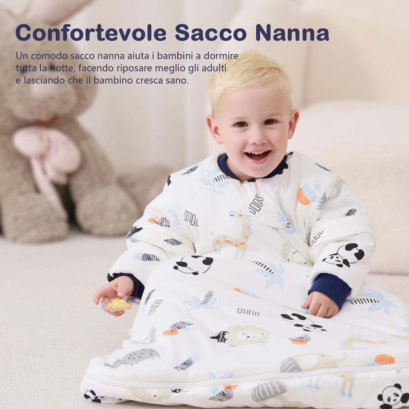 MIKAFEN Sacco nanna invernale per bambini 3,5 tog con maniche rimovibili, 100% cotone sacco a pelo con braccia,Leone e Panda 24-36 mesi