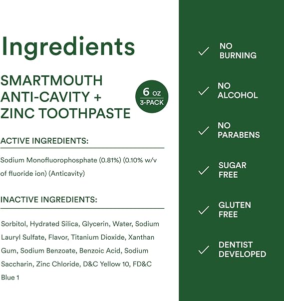 SmartMouth Anti-Cavity + Zinc Toothpaste, Sensitive Whitening, 6 oz, 3-Pack | Fluoride Toothpaste for Cavity Prevention, Remineralizes Enamel, Sensitive Whitening, Sugar-Free, Gluten-Free, Alcohol-Free