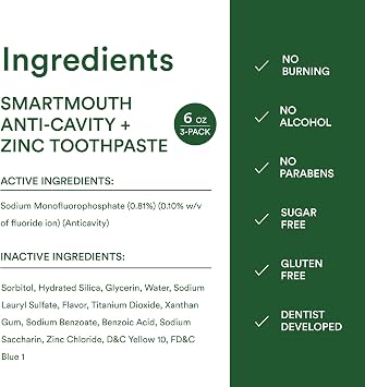 SmartMouth Anti-Cavity + Zinc Toothpaste, Sensitive Whitening, 6 oz, 3-Pack | Fluoride Toothpaste for Cavity Prevention, Remineralizes Enamel, Sensitive Whitening, Sugar-Free, Gluten-Free, Alcohol-Free