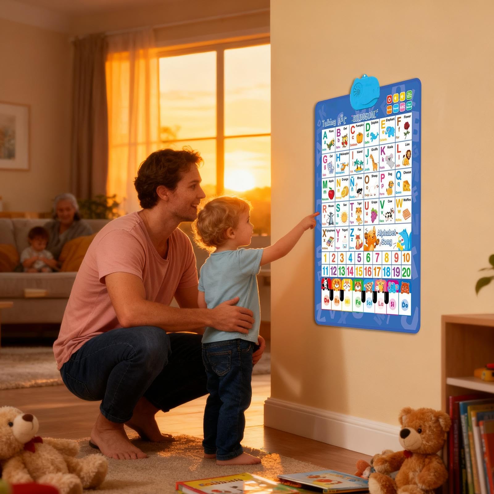 Alphabet Wall Chart, Talking Bilingual Interactive Poster, Spanish and English Music Learning Toy for Kids Ages 3-8, Classroom, Preschool, Language Development