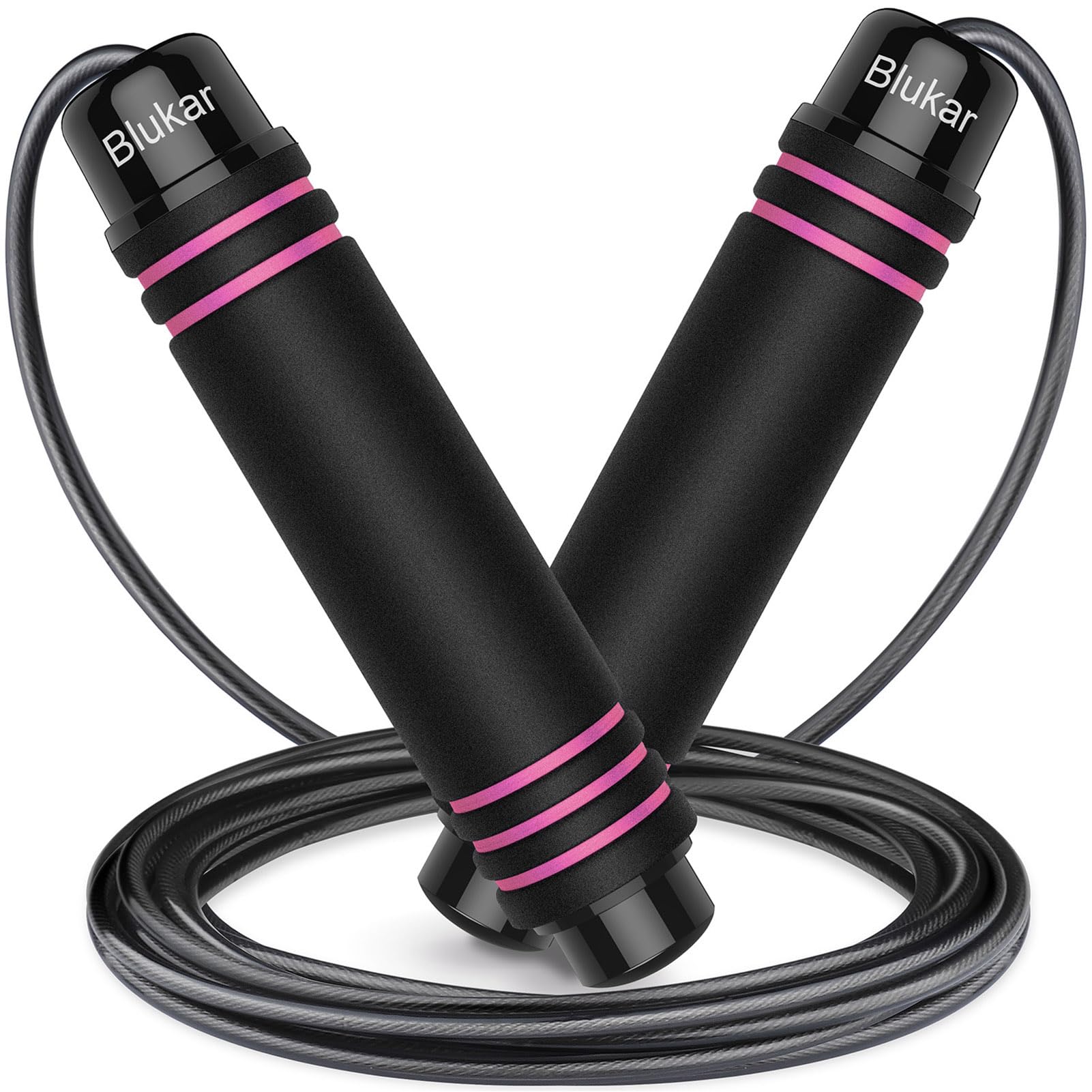 Blukar Skipping Rope, Speed Jump Rope Tangle-free Adjustable Cord with Rapid Ball Bearings & Soft Foam Handle for Fitness Workouts Fat Burning Exercises Boxing-Spare Cord Length Adjuster Included-Rose
