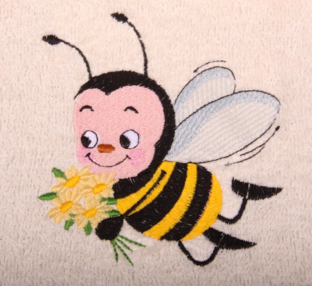 Bath Towel Set with Embroidered Honey Bee with Flowers - White Terry