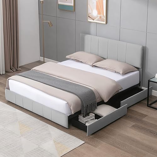 CECER Base de cama Queen con cabecera ajustable, plataforma de cama tapizada con 4 cajones de almacenamiento para dormitorio, fácil montaje, no