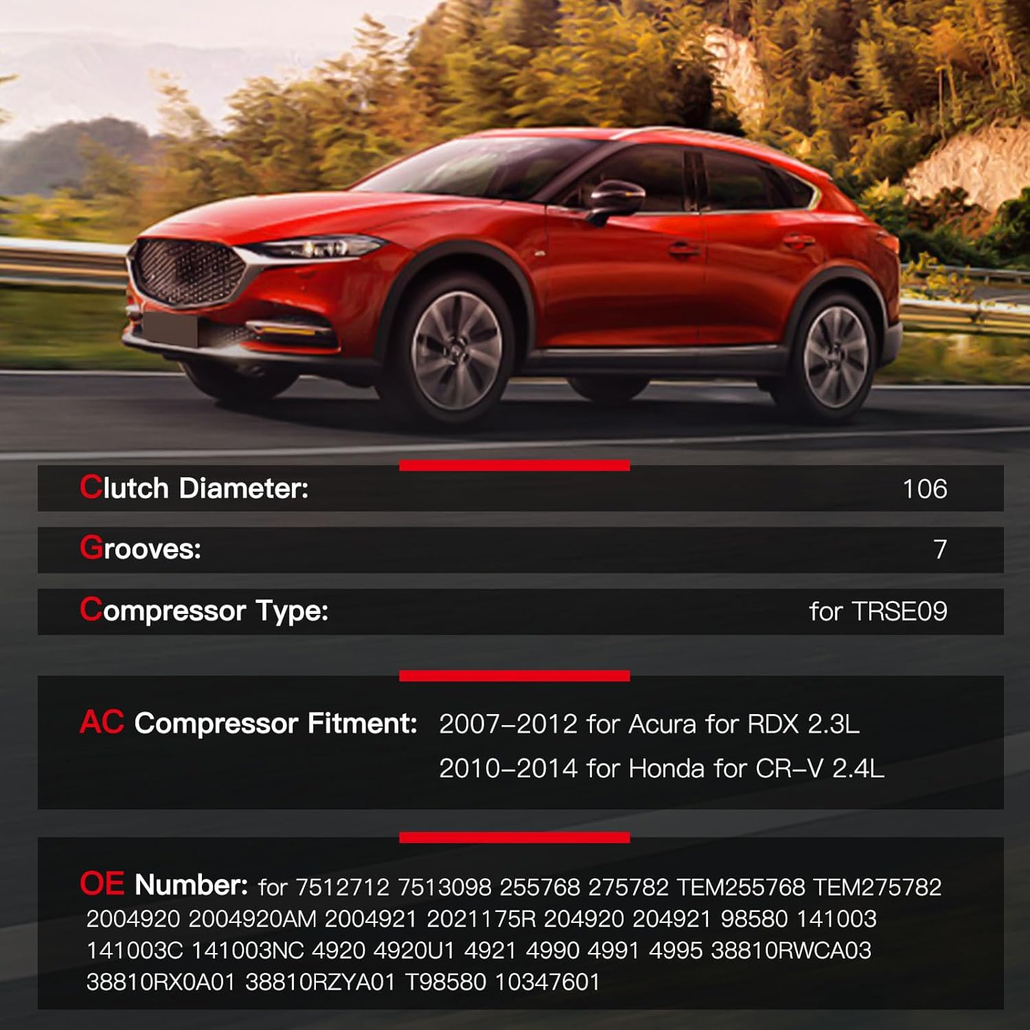 cciyu Air Conditioning Compressor Fit for Honda Civic CR-V for Acura RDX 2.3L 2.4L 2007-2015 Replaces AC Compressor for Car 7 Grooves TRSE09