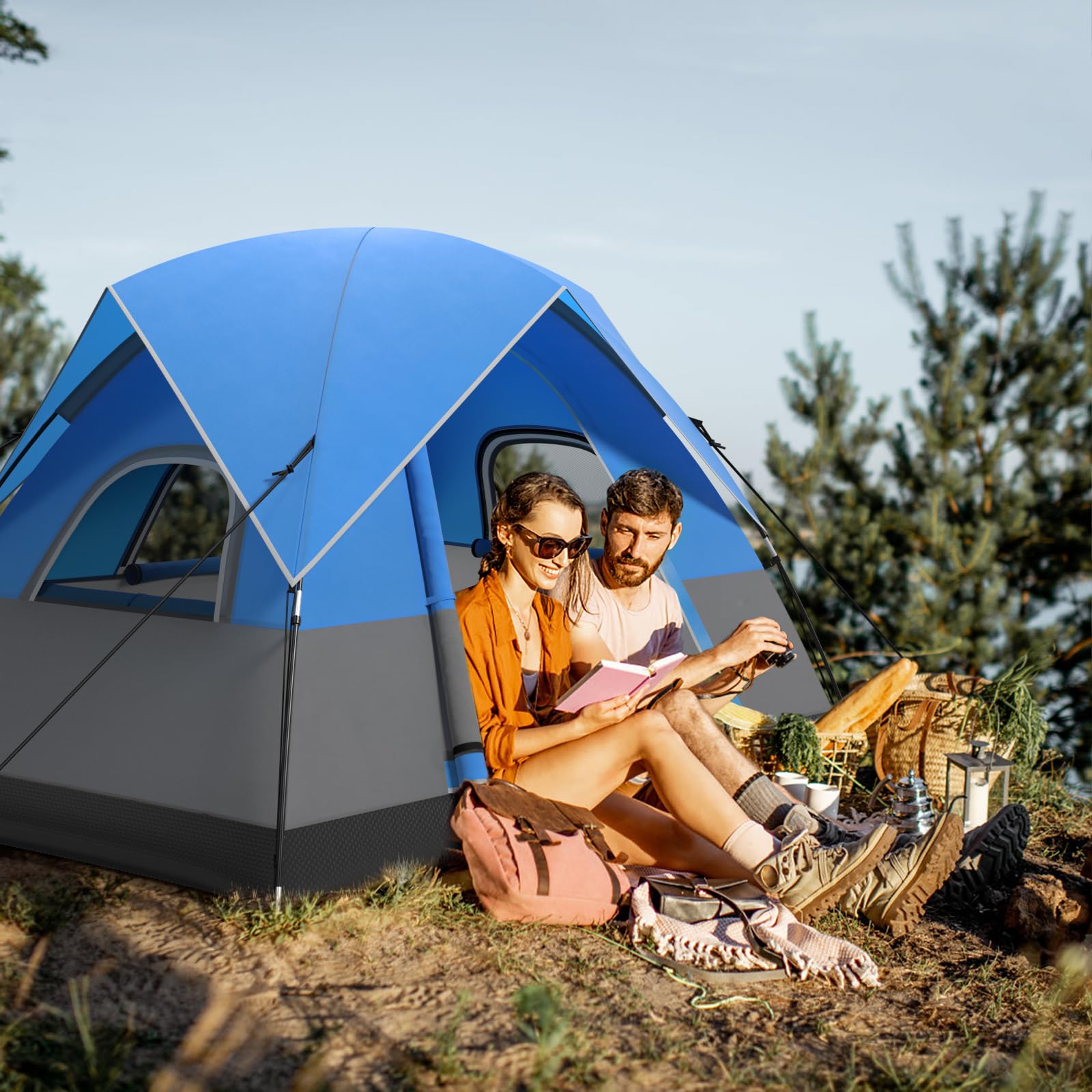 HOMASIS Tenda da campeggio per 2-3 persone, impermeabile a cupola con 3 finestre e tettuccio a pioggia, tenda da esterno con 4 corde antivento e 8 picchetti, tenda ultraleggera per trekking,