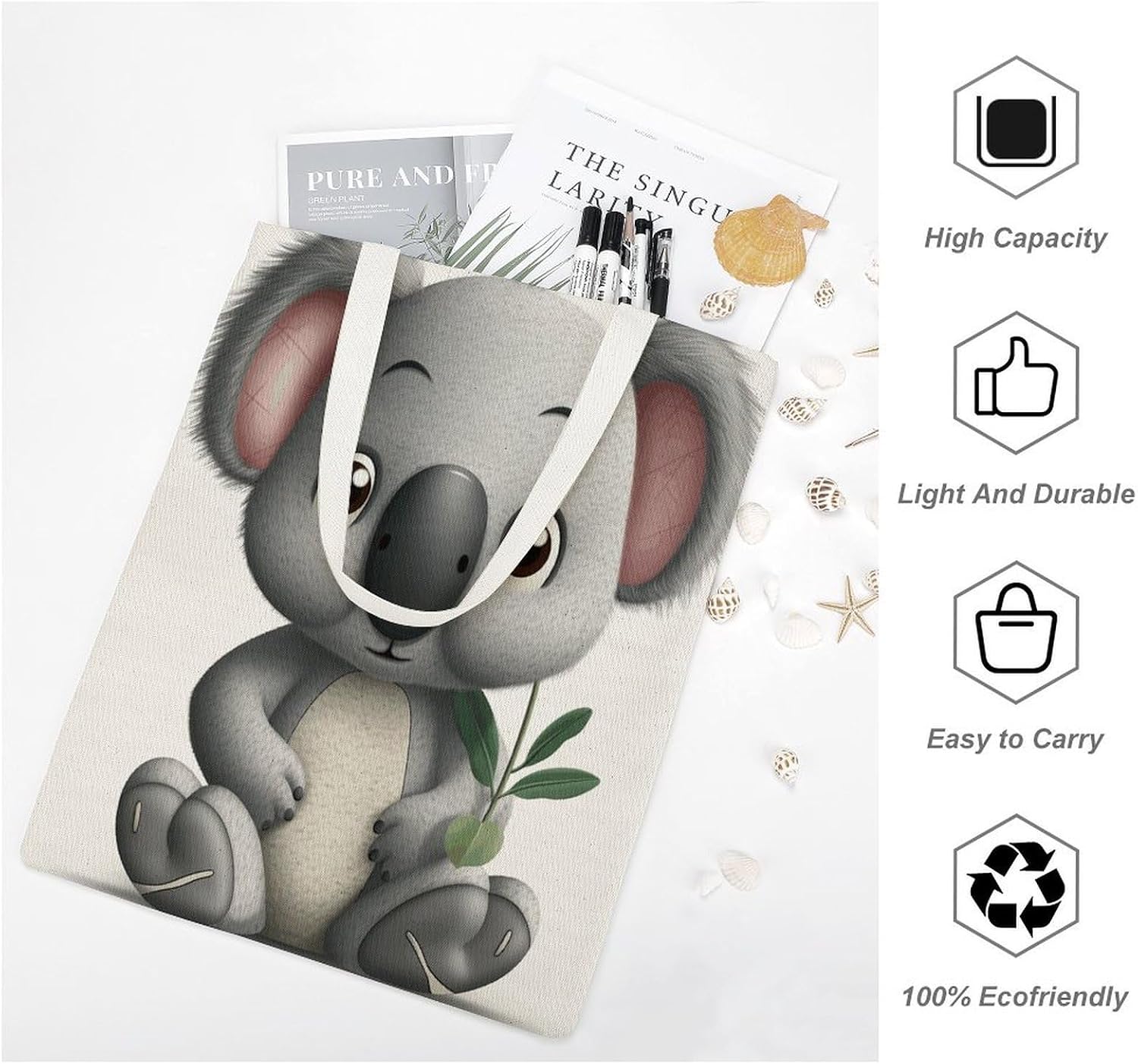Cartoon Koala Canvas Tote Bag Reusable Grocery Bags Foldable Soft Cotton Shoulder Carry Bag