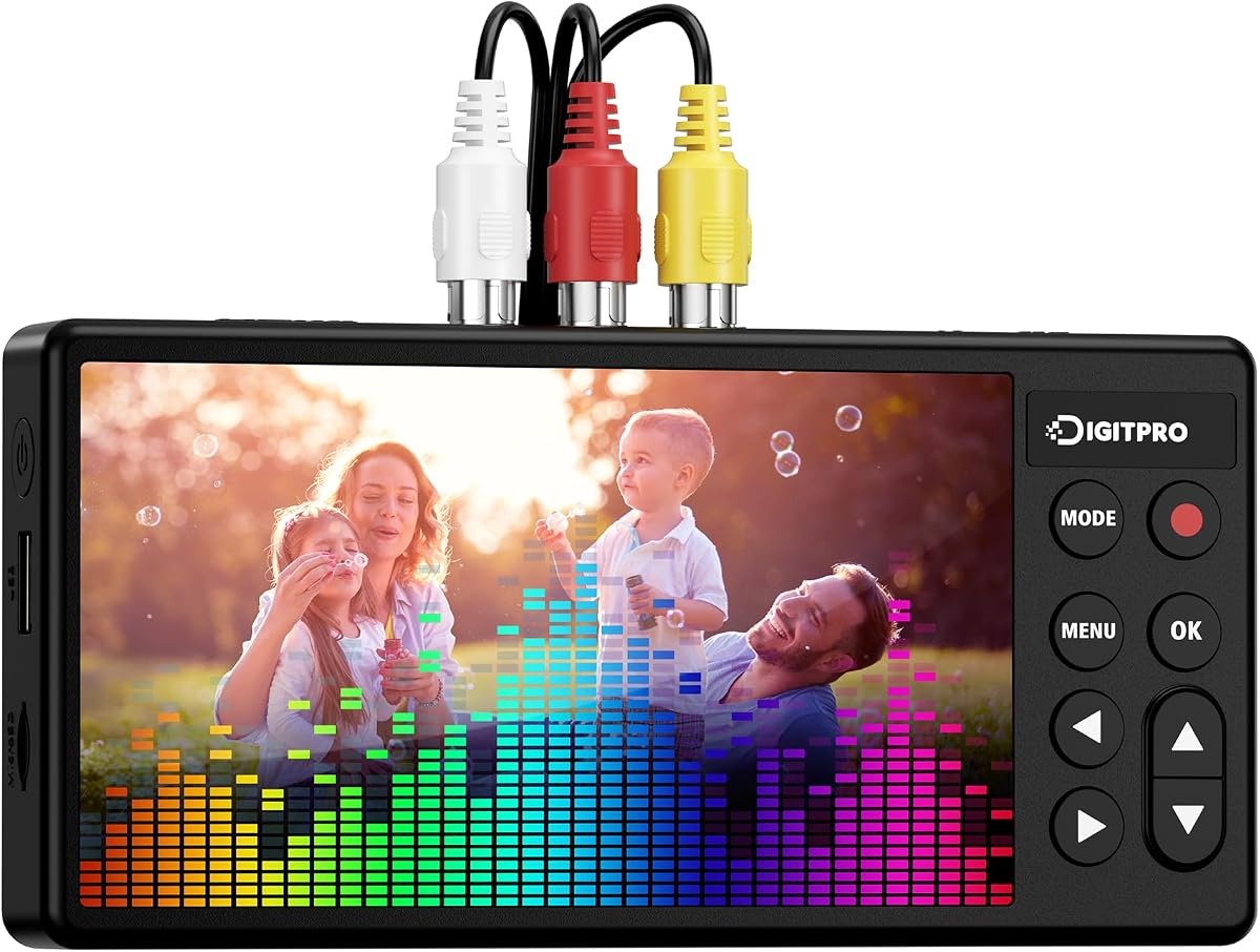 Convertidor VHS a Digital 3.0, grabador de vídeo HD a digital de 5 pulgadas, convierte vídeo y audio de VCR analógico, DVR, DVD, Hi8, Mini DV, cintas de casete de videocámara (se necesitan cintas/reproductor de DVD)