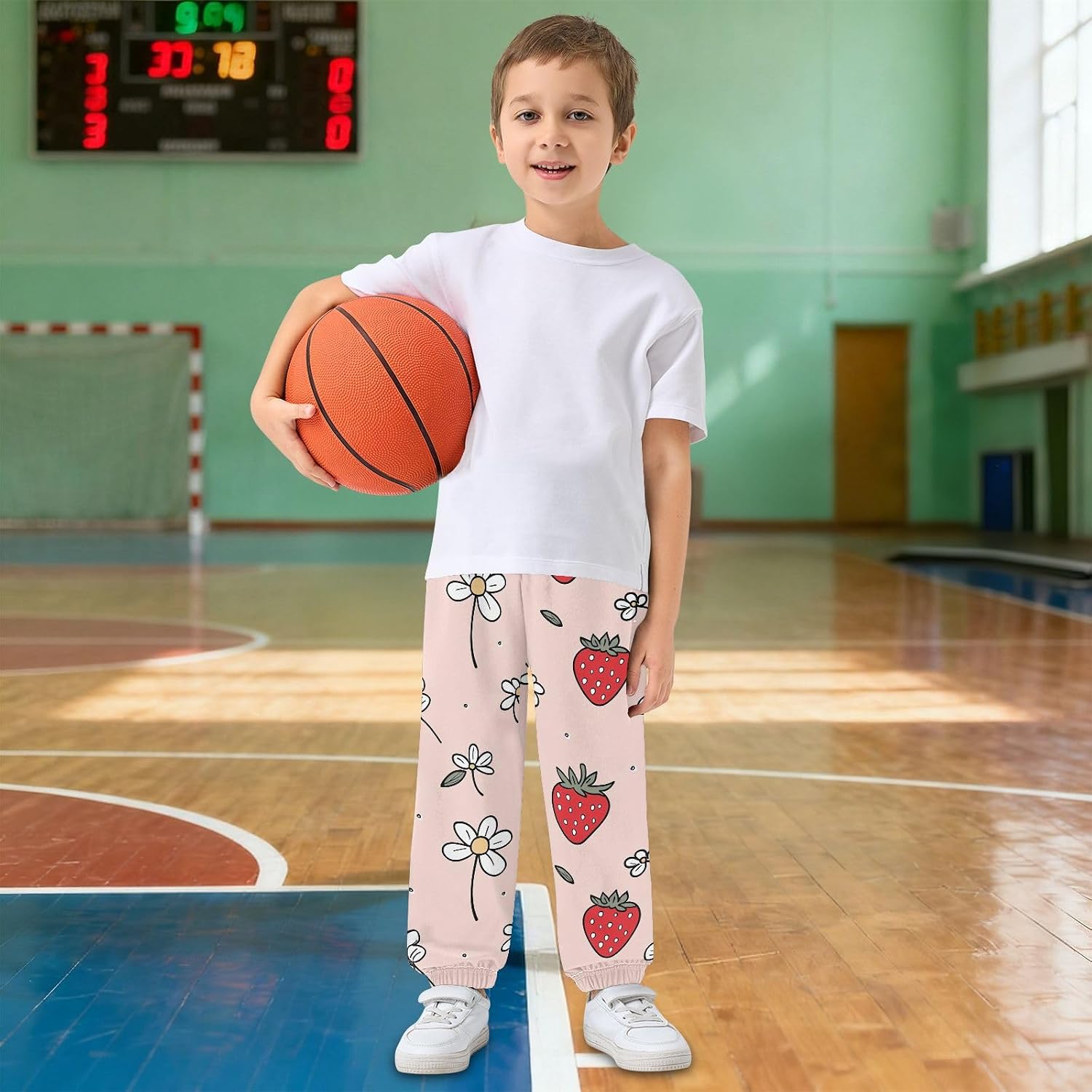 Boy Sweatpants Strawberry White Flower Joggers Casual Athletic Pants Kids Elastic Waist Cuffed with Pockets