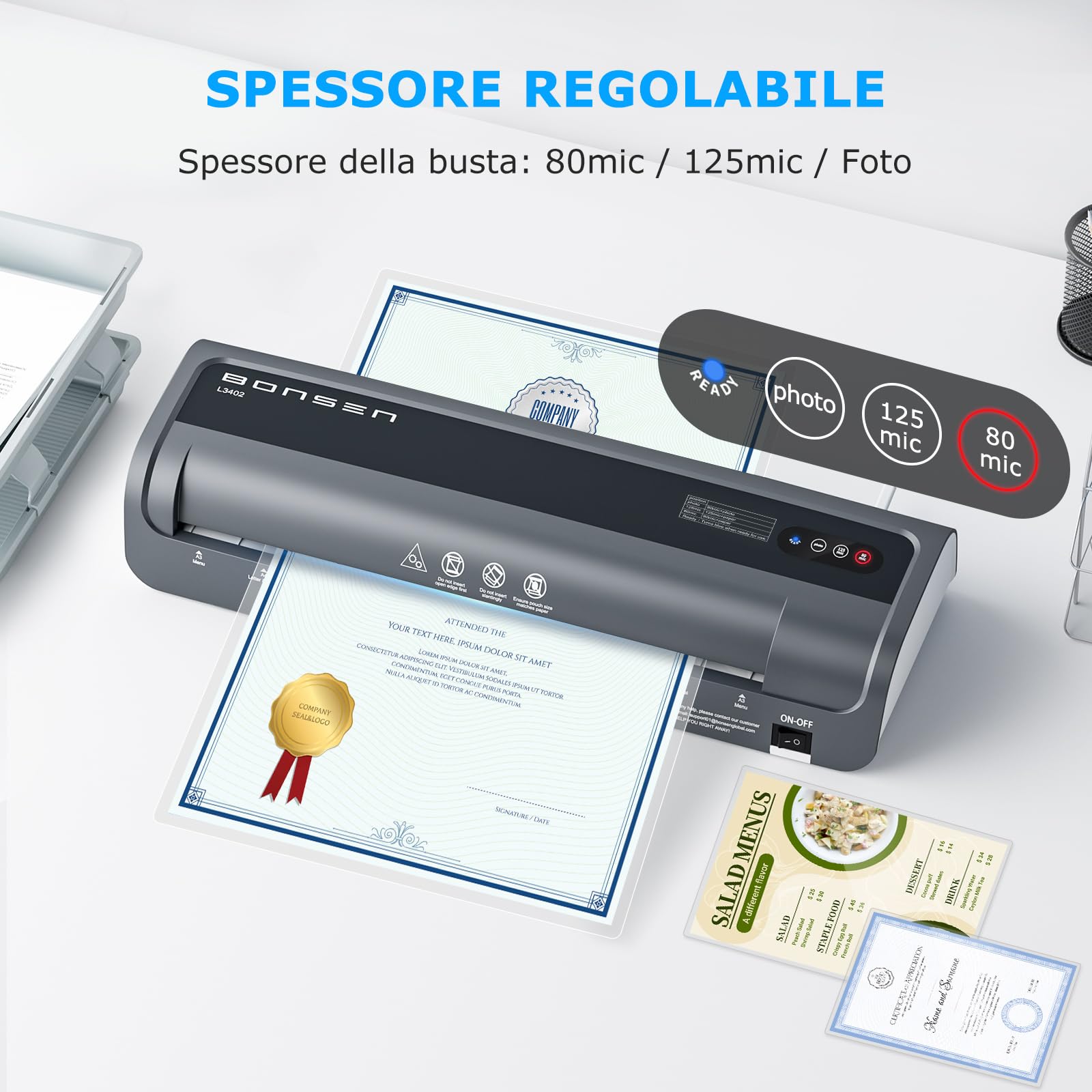 BONSEN Plastificatrice A3 con Tecnologia Anti-Blocco, 100 Fogli (50 x A4, 25 x A5, 25 x A6), Controllo di Temperatura NTC Preciso, 13 Pollici Plastificazione Rapida per Casa, Scuola e Ufficio, L3402