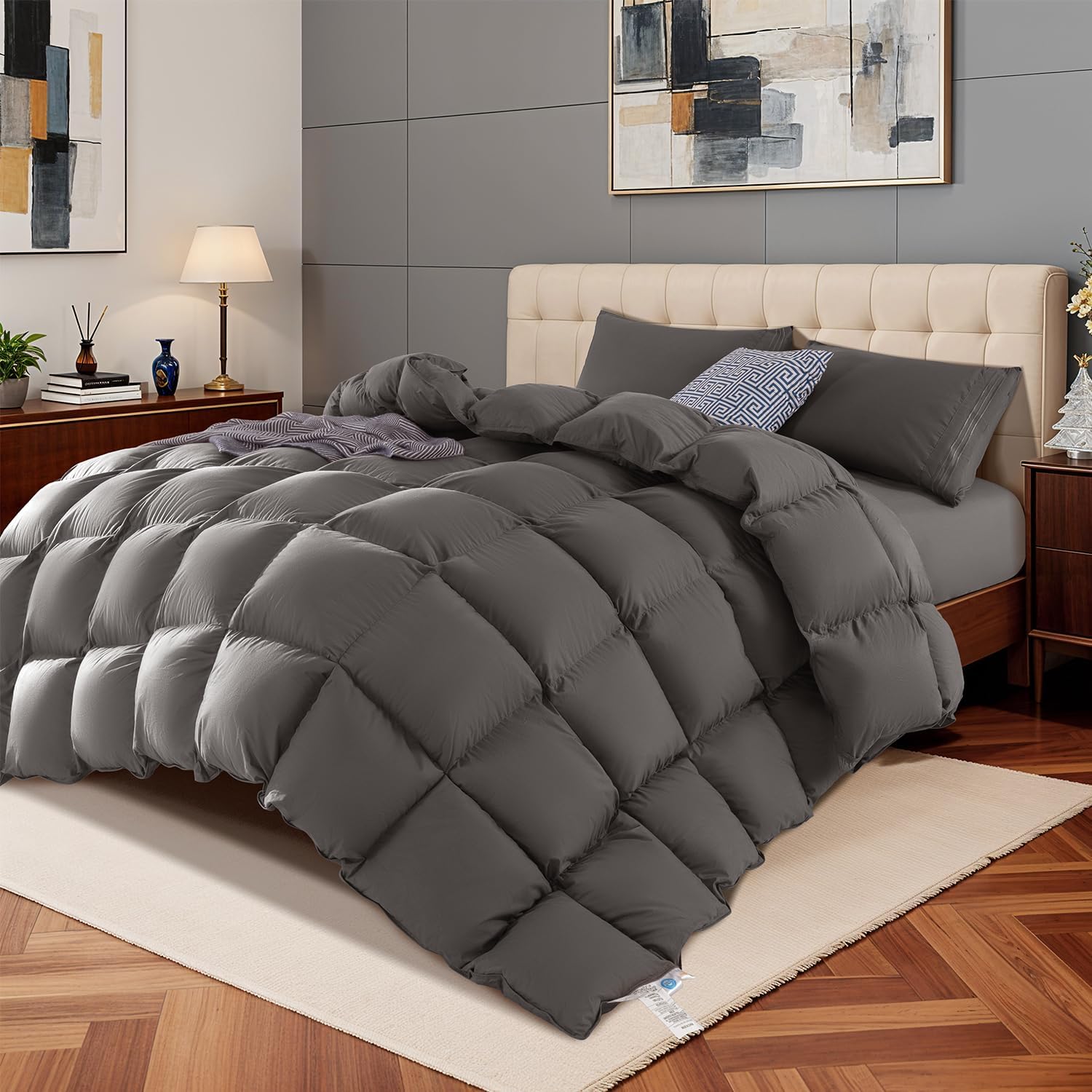 LBRO2M Canadian Luxury Goose Down Comforter Queen Size, 75% Goose Down 850+ Fill Power Duvet with 1200TC 100% Cotton Shell All Season Bedding Comforter, Soft Duvet Insert (90"X90",Dark Gray)