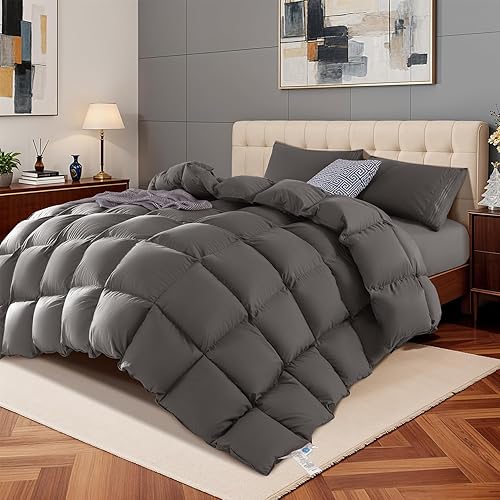 LBRO2M Canadian Luxury Goose Down Comforter Queen Size, 75% Goose Down 850+ Fill Power Duvet with 1200TC 100% Cotton Shell All Season Bedding Comforter, Soft Duvet Insert (90"X90",Dark Gray)