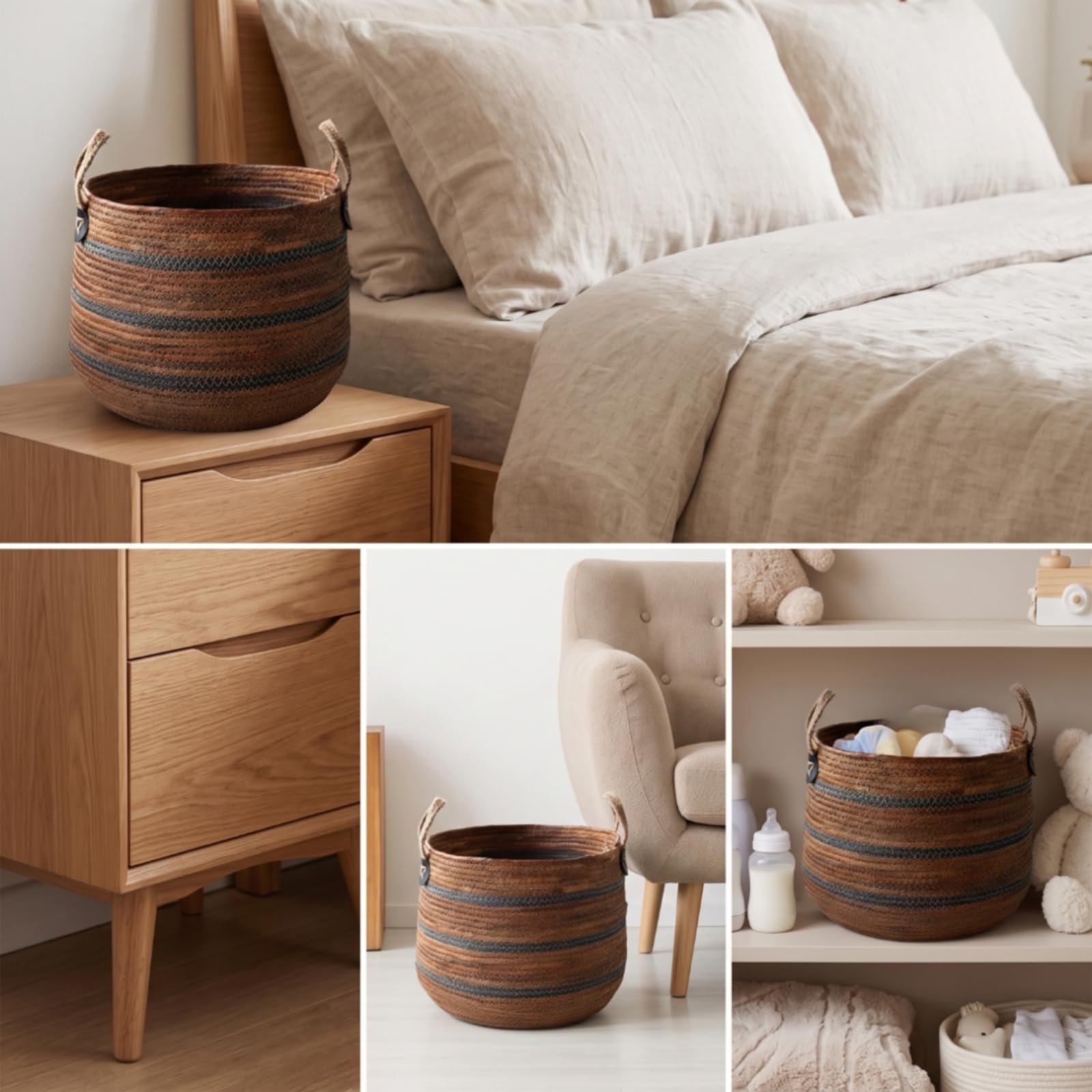 Cesto Portatutto Cesto Contenitore Cesta Intrecciata Cesto Decorativo in Corda a Bocca Aperta con Presa per Tenere in Ordine Giocattoli Plaid E, Marrone Scuro, Medio 35 27 Cm