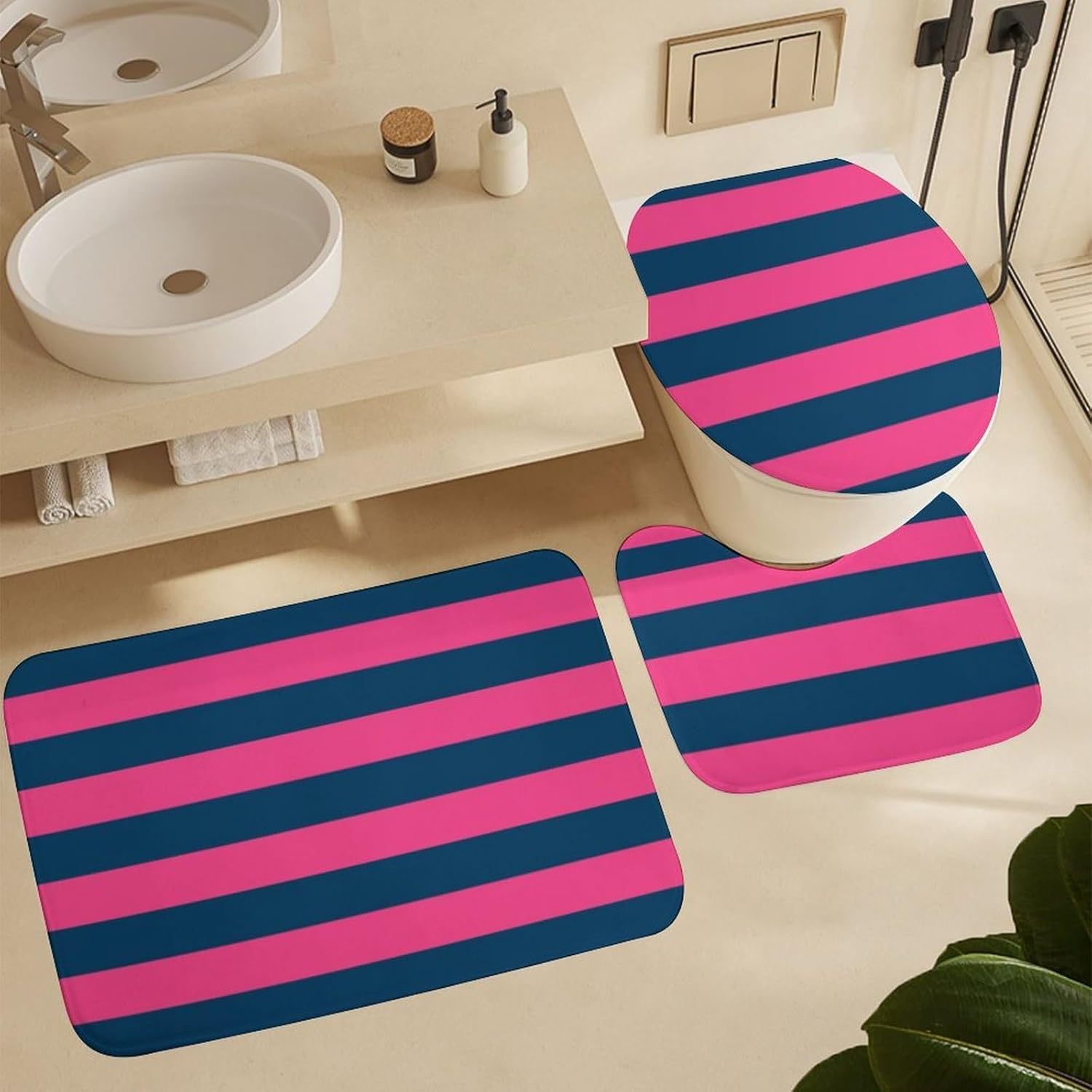 3 Pieces Bath Rug Sets, Non-Slip Absorbent Bathroom Mats, Hot Pink and Navy Stripes Bath Carpet with U-Shaped Contour Rug & Toilet Lid Cover