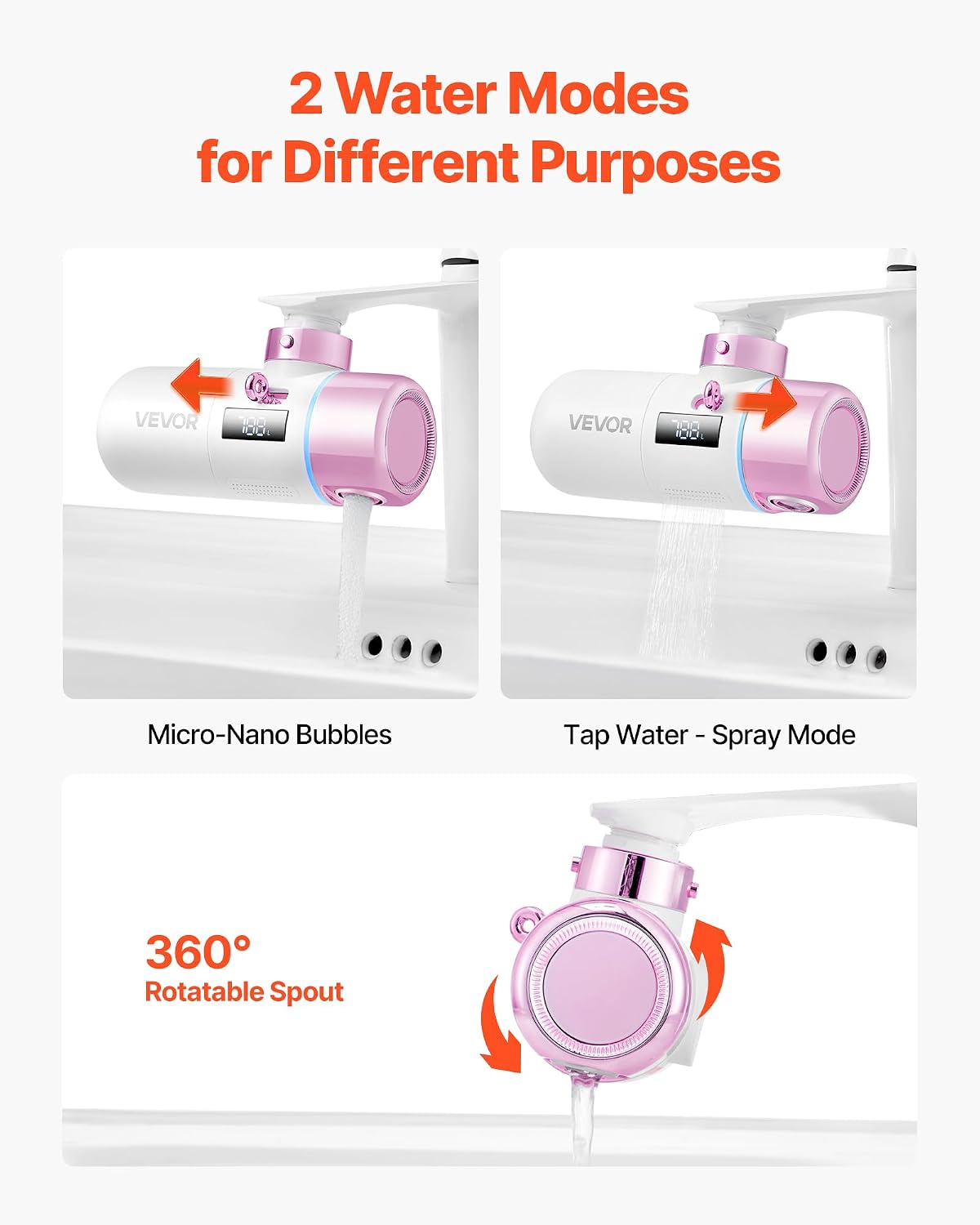 VEVOR Skincare Water Filter, Faucet Mount Water Filters with Micro-Nano Bubble for Skin, Sink Tap Purifier, Removes Chlorine with 1 Filter, for Kitchen and Bathroom Faucets, Pink + Gold