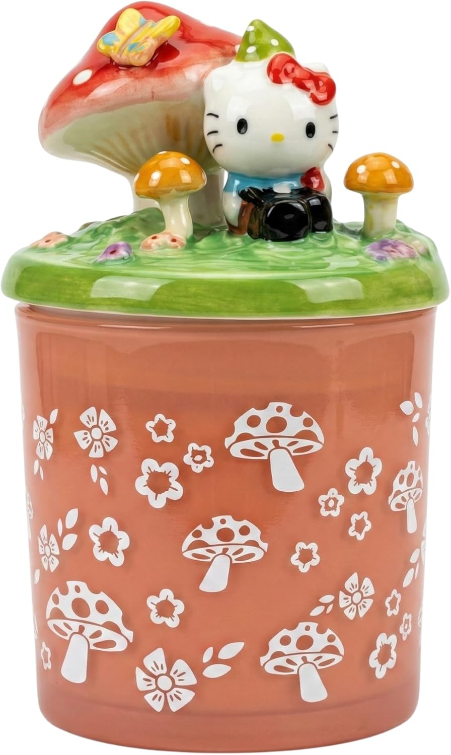 Blue Sky Clayworks Hello Kitty Lidded Glass Candle, Ceramic, 4" L x 4" W x 7" H, Mushroom Meadow Keepsake Glow