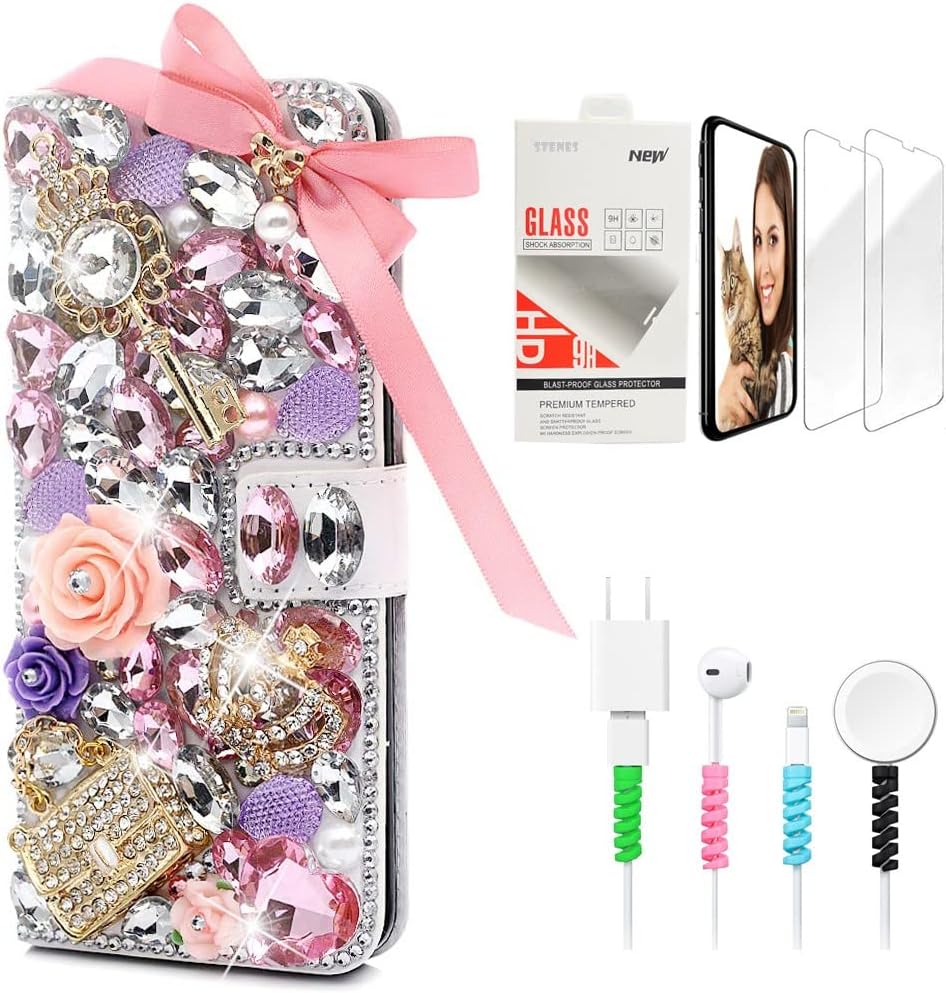 STENES Bling Wallet Phone Case Compatible with Samsung Galaxy A32 5G Case - Stylish - 3D Handmade Crystal Bow Key Rose Bag Crown Magnetic Leather Cover with Screen Protector & Cable Protector - Pink