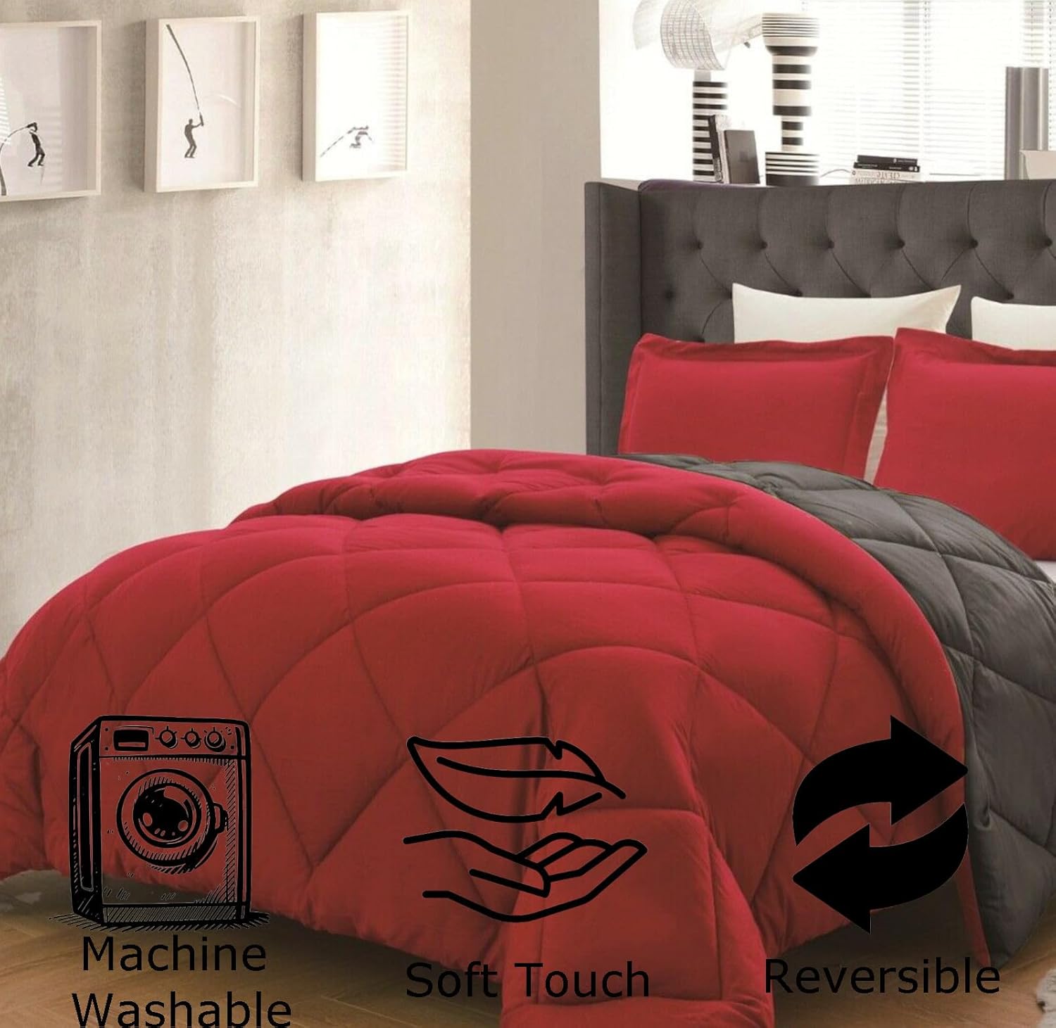 New Reversible All Season Down Alternative Soft 3 PC. Comforter Set, Breathable Stitching (Red/Gray, Queen)