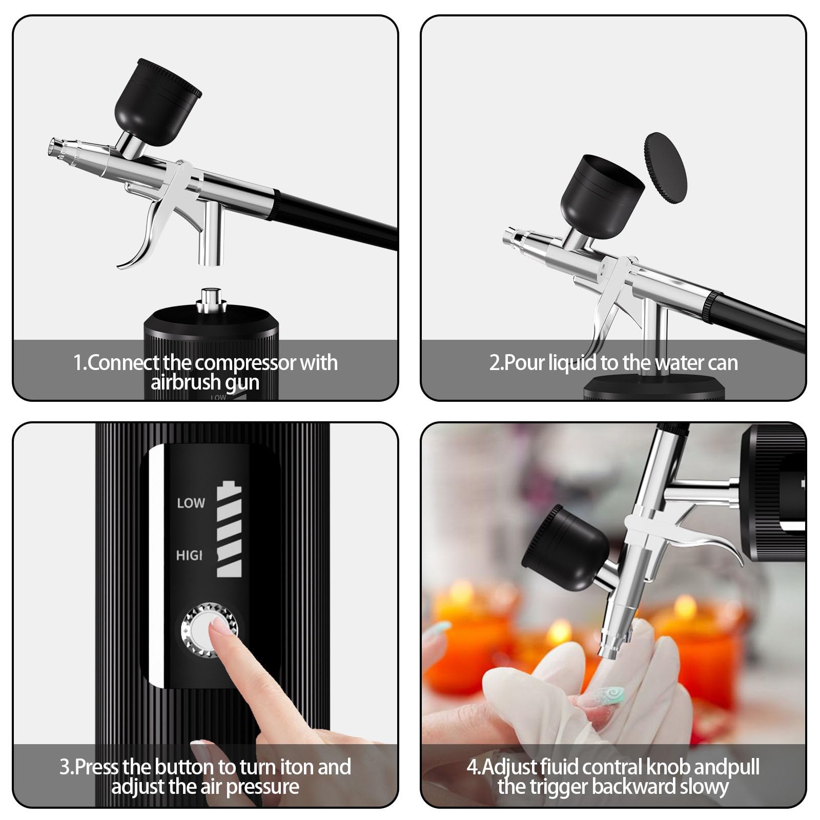 Pistolet natryskowy, niezatykający się, zestaw pędzli powietrznych z dyszą 0,3 mm i 0,5 mm, wbudowany przełącznik ciśnienia powietrza, 2 tryby pracy do makijażu, zdobienia paznokci, dekoracji ciast